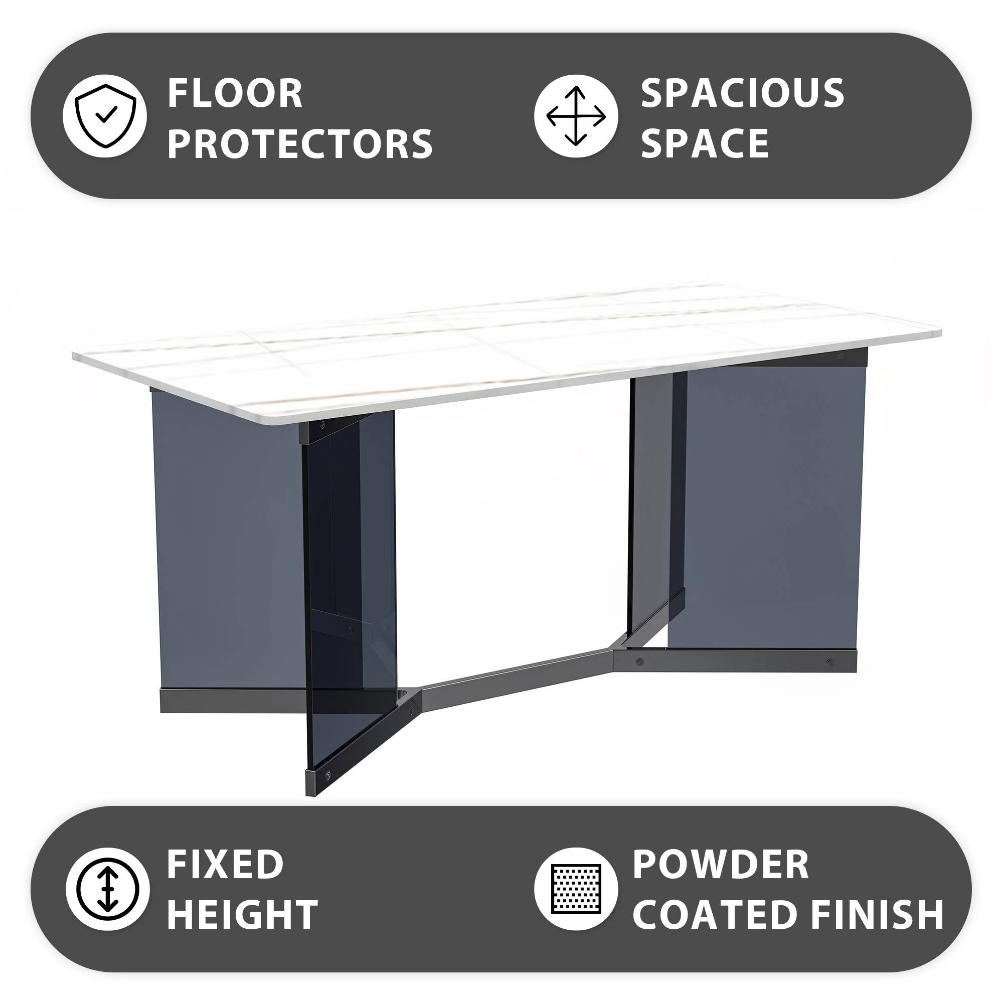 Oryn Series Modern Dining Table Black Glass and Steel Base, With 62" White/Gold Sintered Stone Top