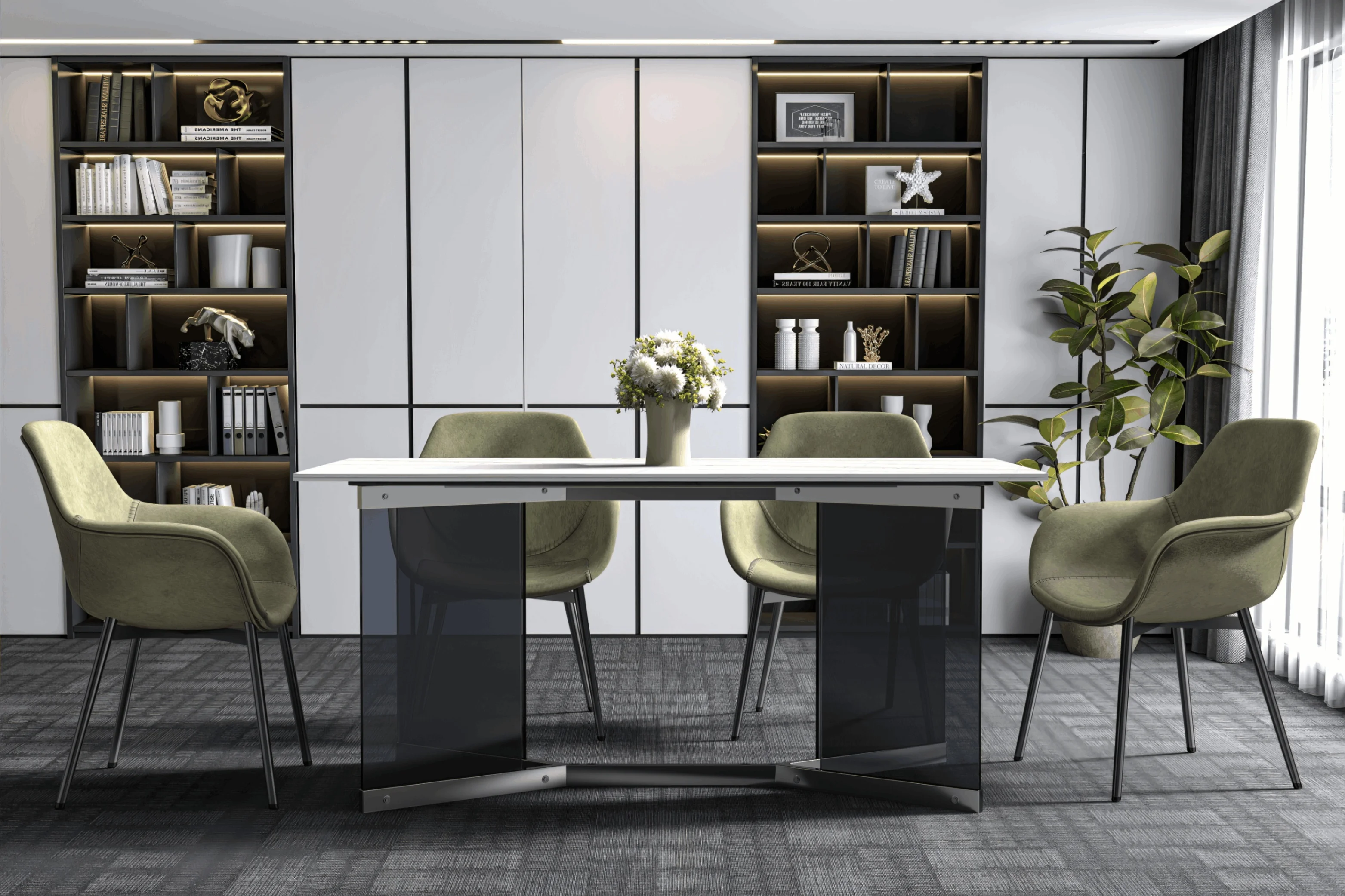 Oryn Series Modern Dining Table Black Glass and Steel Base, With 62" White/Gold Sintered Stone Top