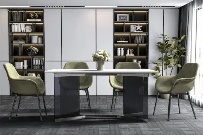 Oryn Series Modern Dining Table Black Glass and Steel Base, With 62" White/Gold Sintered Stone Top