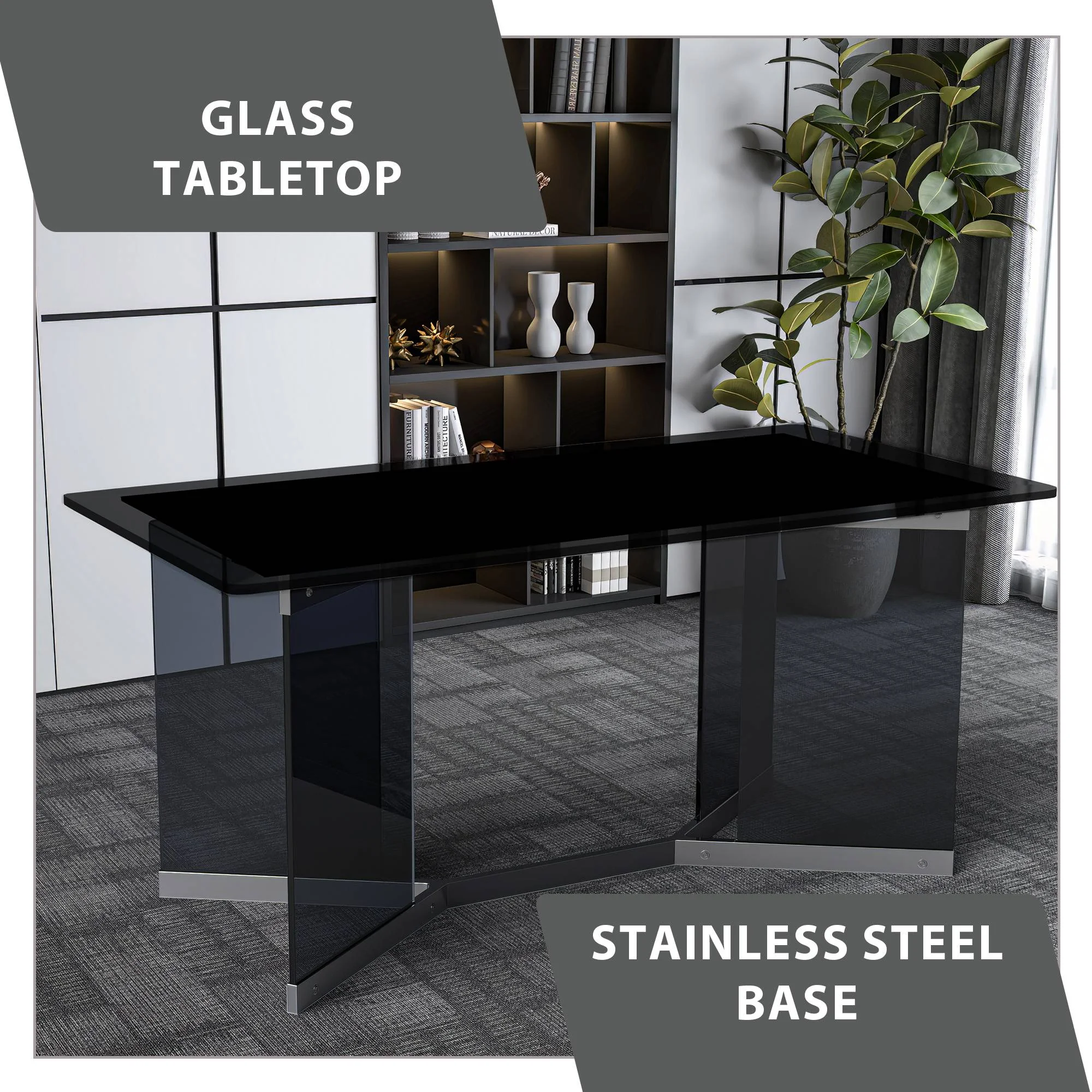 Oryn Series Modern Dining Table Black Glass and Steel Base, With 71" Black Glass Top