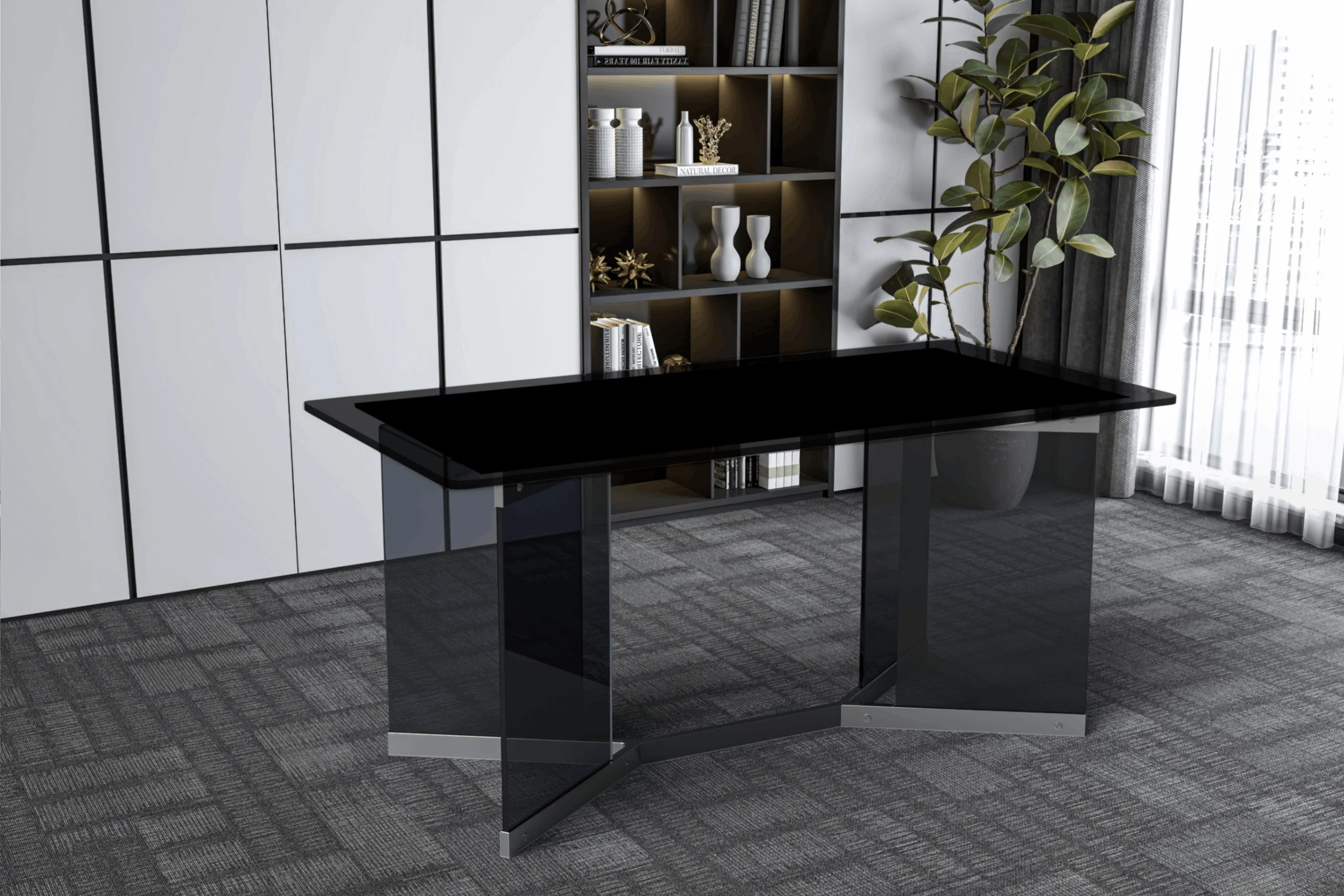 Oryn Series Modern Dining Table Black Glass and Steel Base, With 71" Black Glass Top
