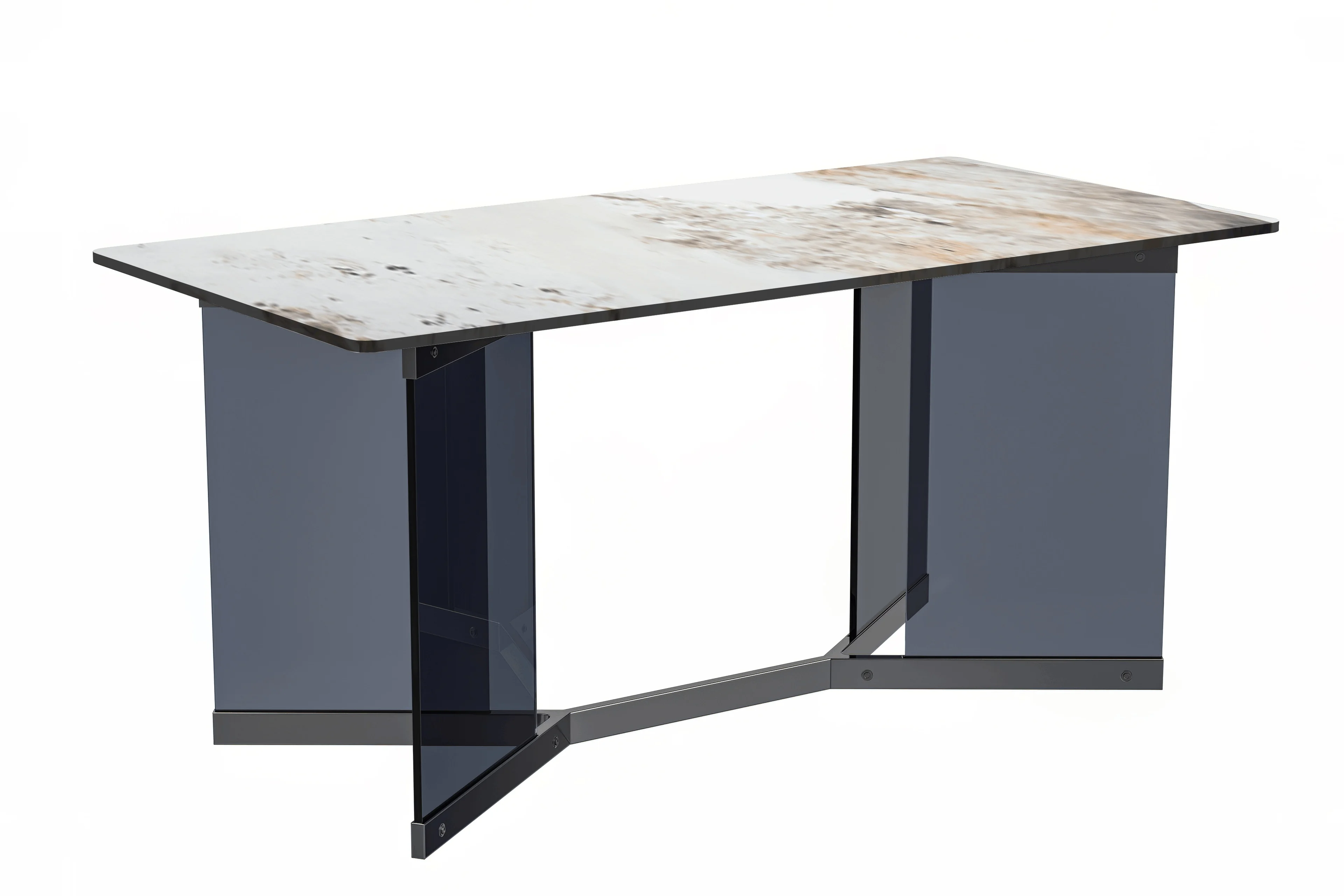 Oryn Series Modern Dining Table Black Glass and Steel Base, With 71" White Grey Sintered Stone Top