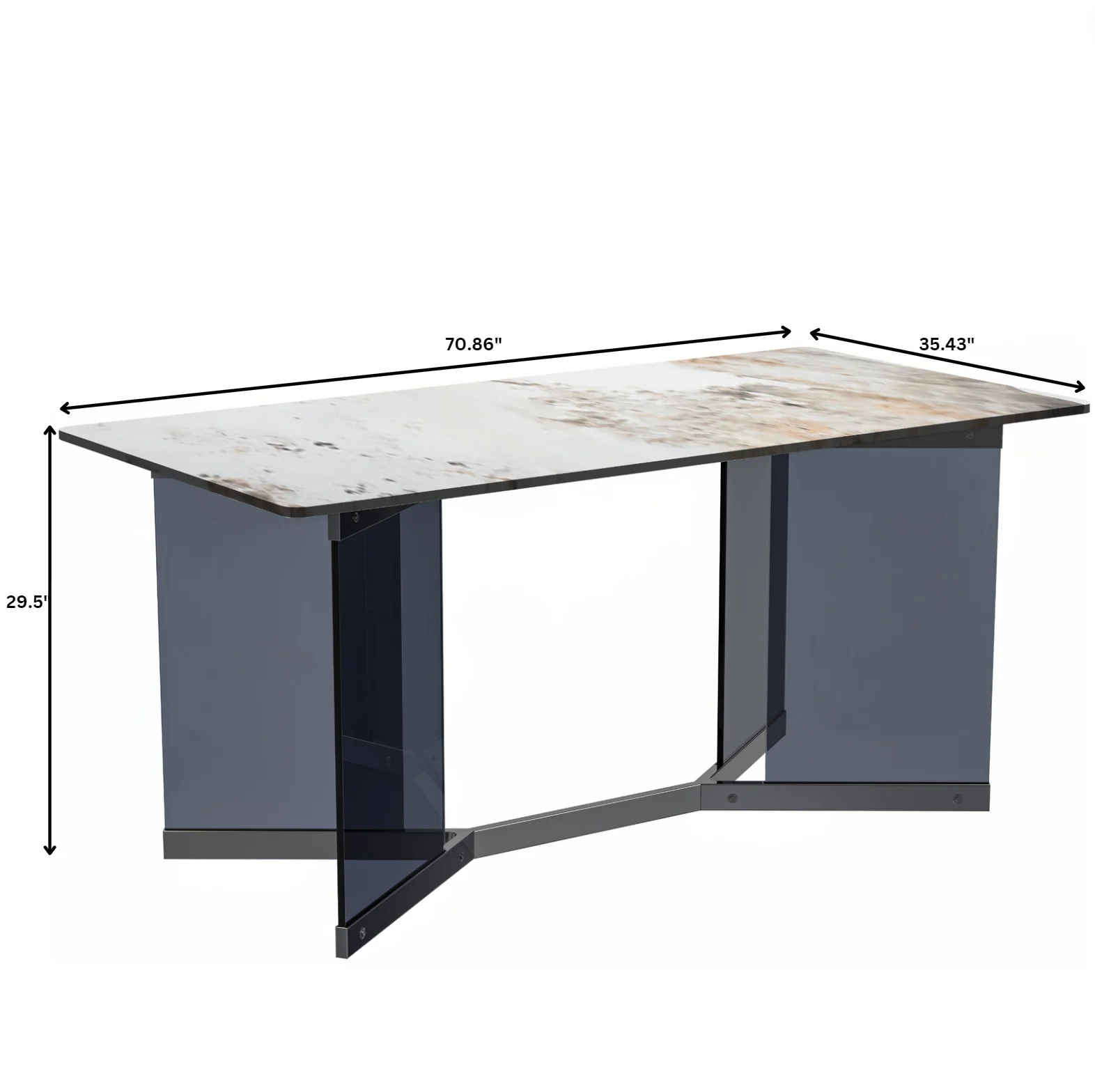 Oryn Series Modern Dining Table Black Glass and Steel Base, With 71" White Grey Sintered Stone Top