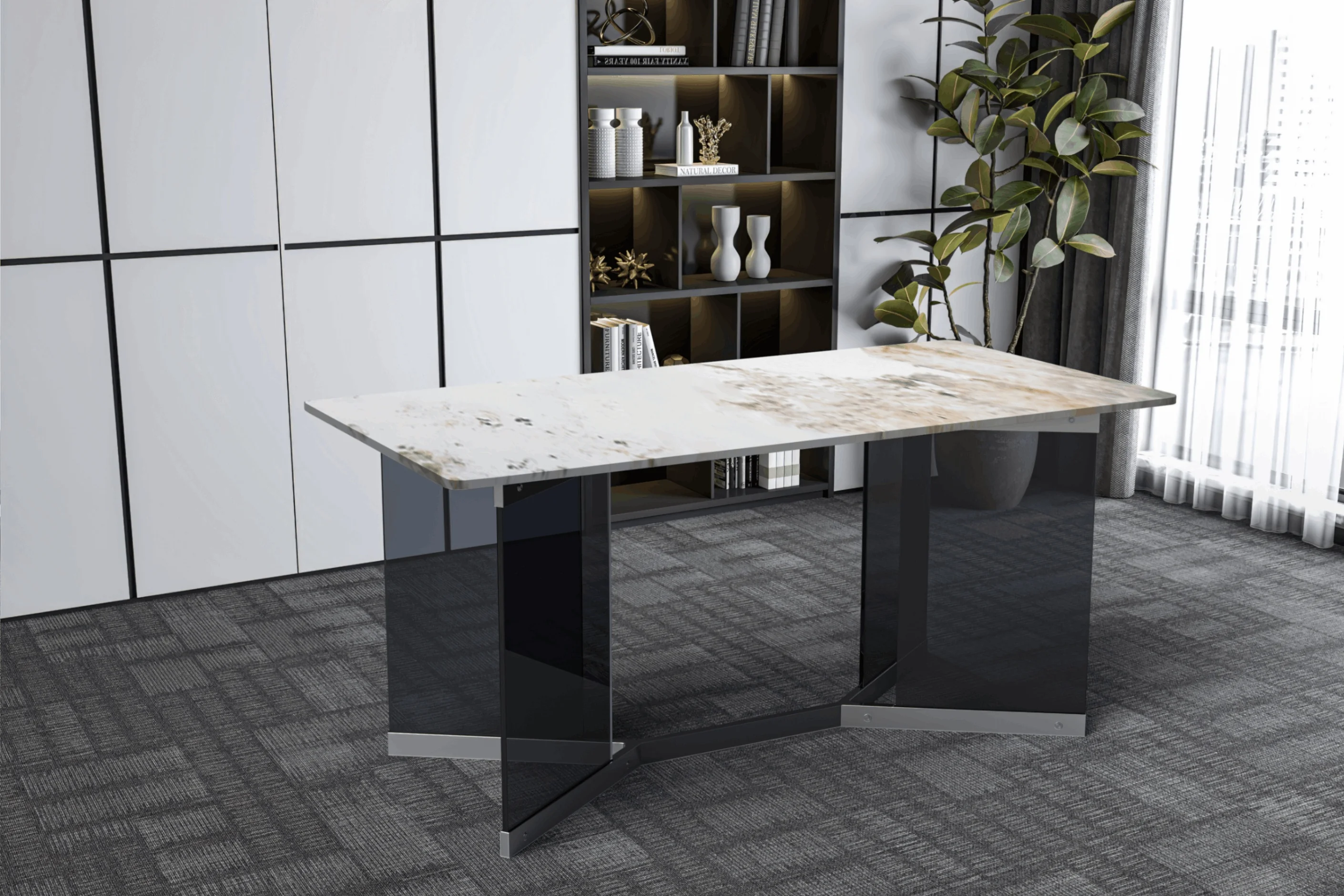 Oryn Series Modern Dining Table Black Glass and Steel Base, With 71" White Grey Sintered Stone Top