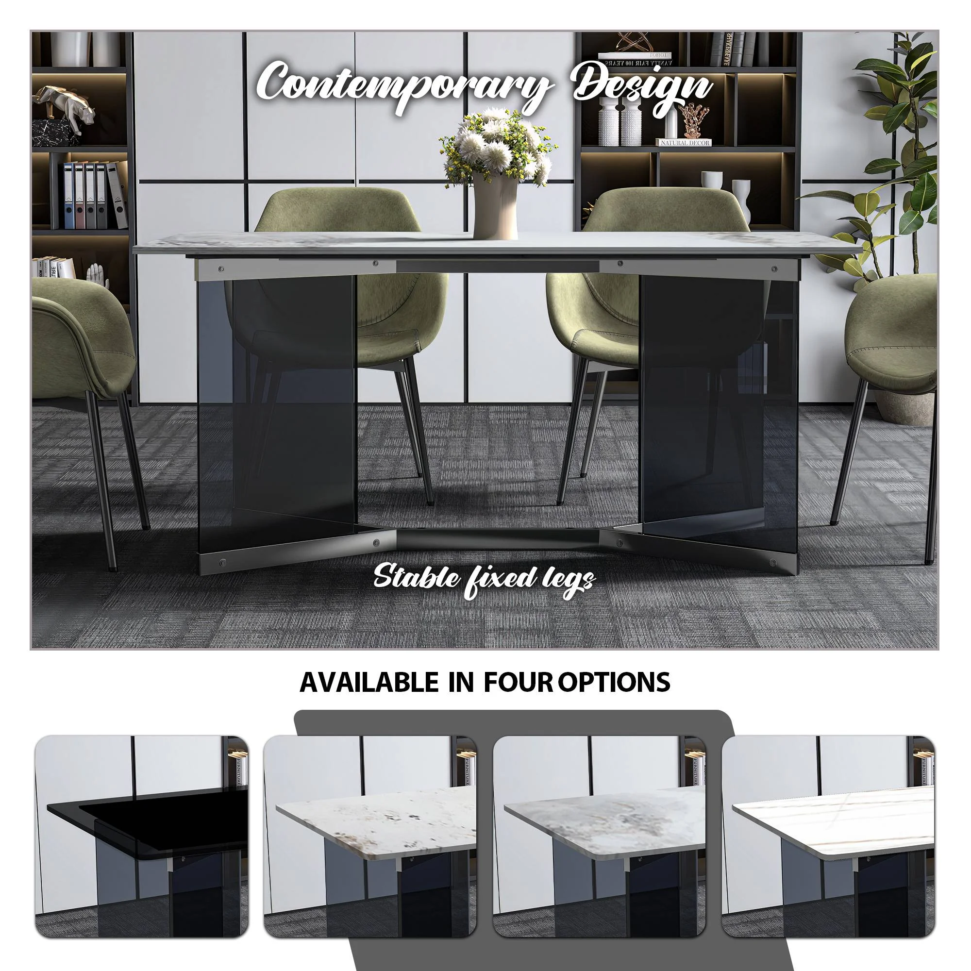 Oryn Series Modern Dining Table Black Glass and Steel Base, With 71" Medium Grey Sintered Stone Top