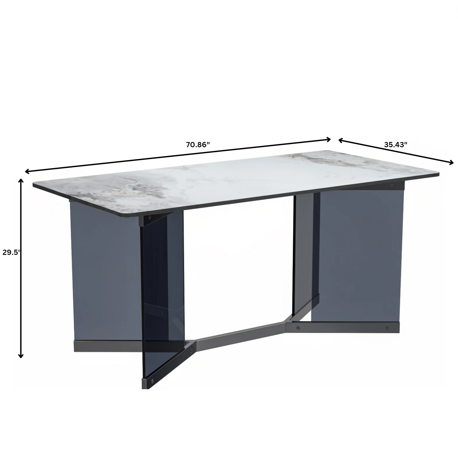 Oryn Series Modern Dining Table Black Glass and Steel Base, With 71" Medium Grey Sintered Stone Top