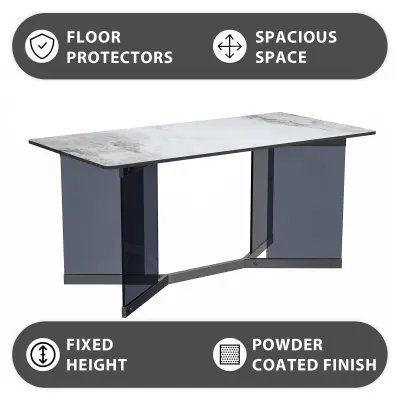 Oryn Series Modern Dining Table Black Glass and Steel Base, With 71" Medium Grey Sintered Stone Top