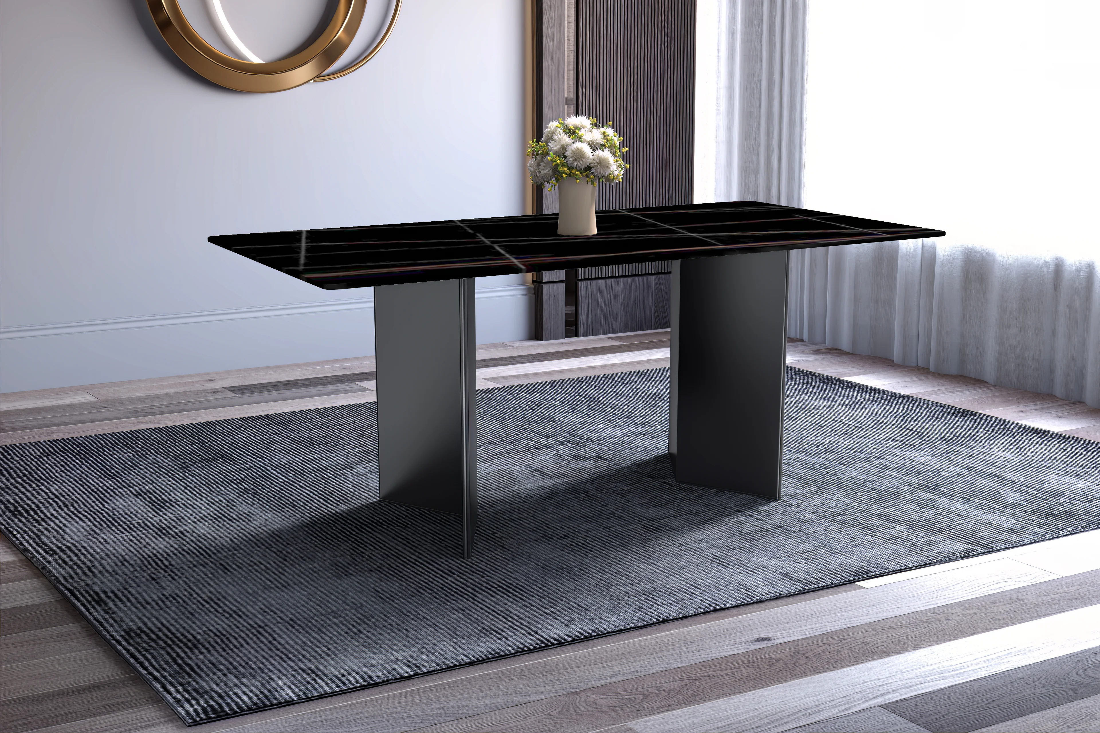 Olyra Series Modern Dining Table Black Stainless Steel Base, With 55 Black/Gold Sintered Stone Top