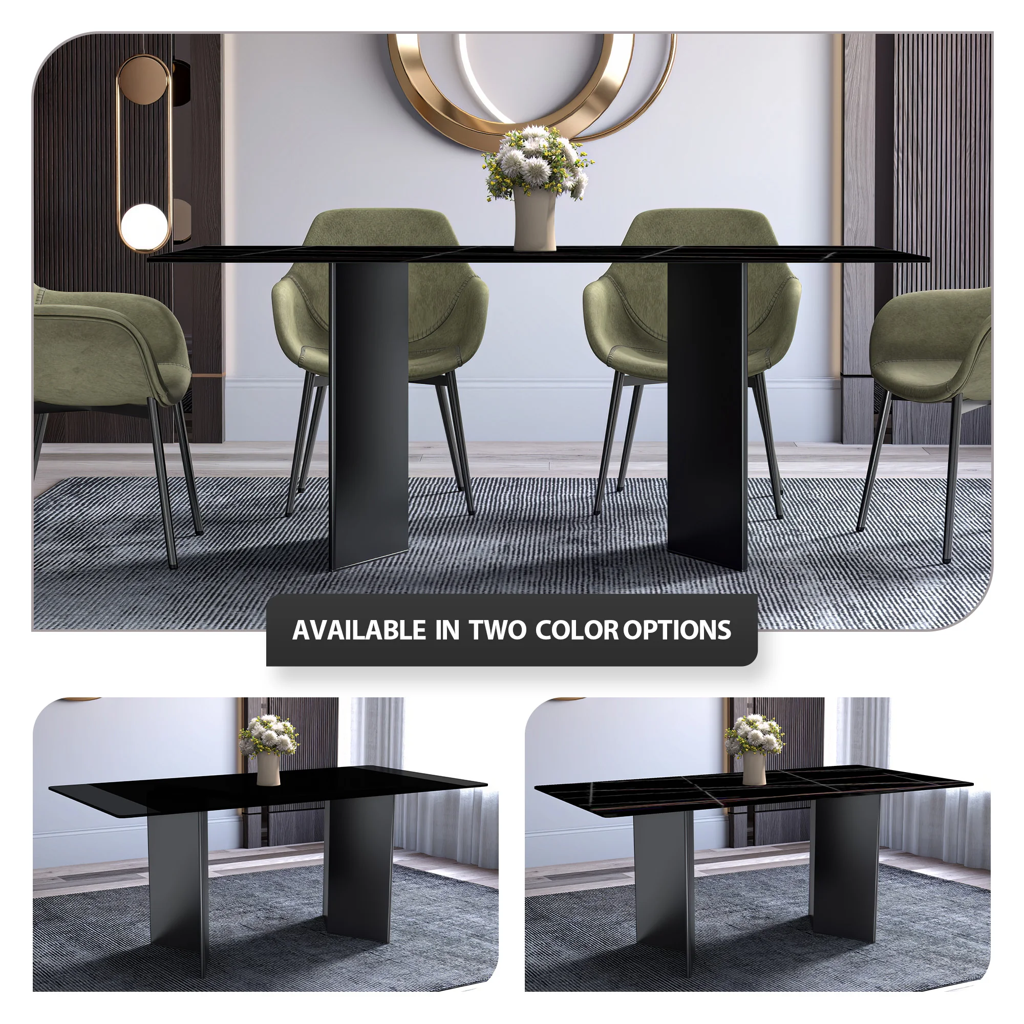 Olyra Series Modern Dining Table Black Stainless Steel Base, With 55 Black/Gold Sintered Stone Top