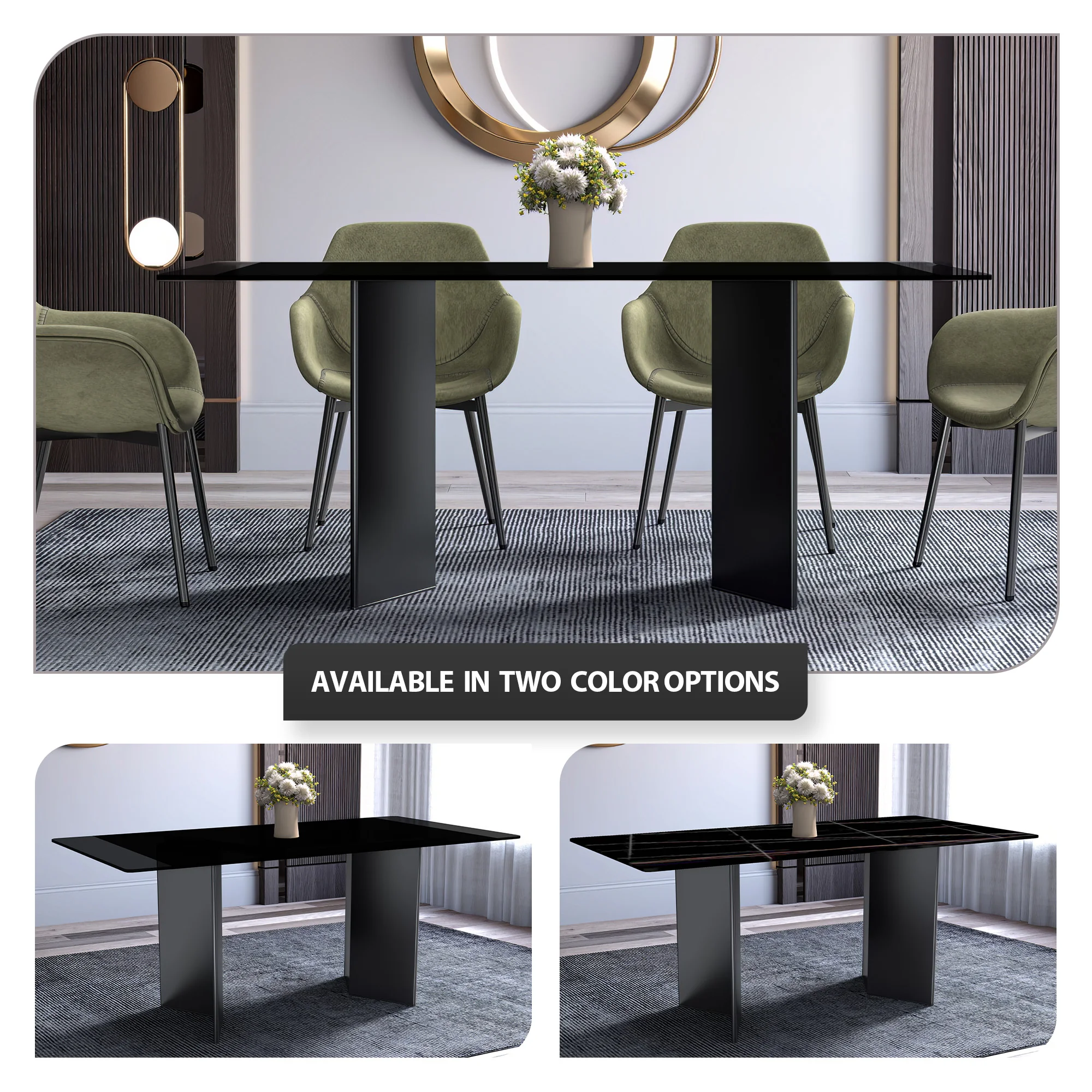 Olyra Series Modern Dining Table Black Stainless Steel Base, With 62 Black Glass Top