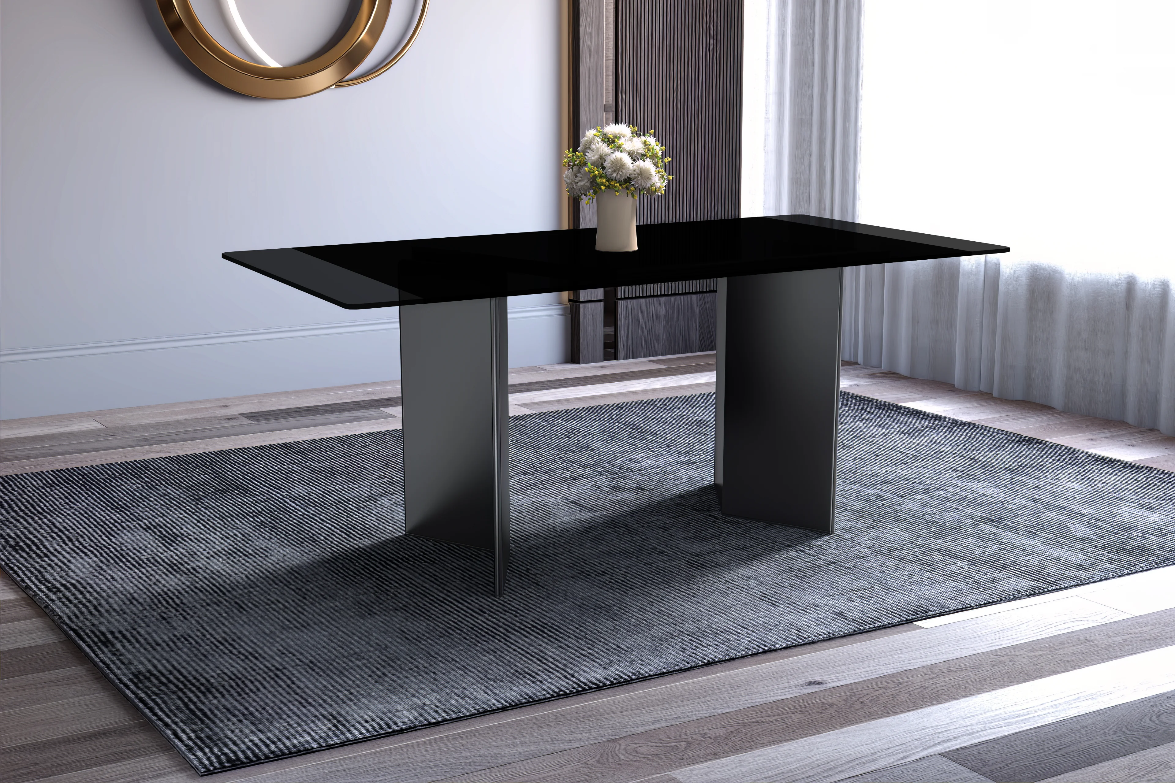 Olyra Series Modern Dining Table Black Stainless Steel Base, With 62 Black Glass Top