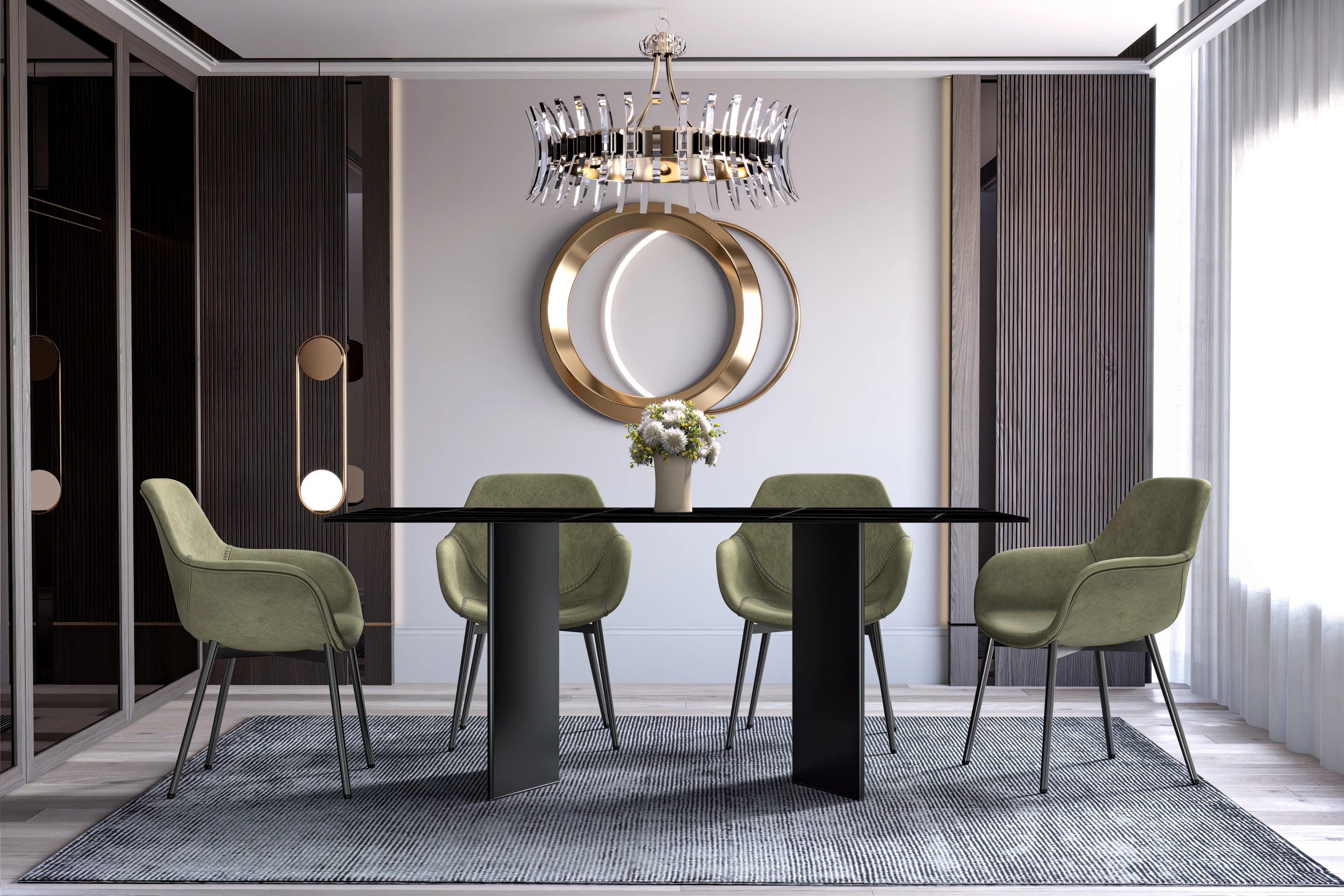 Olyra Series Modern Dining Table Black Stainless Steel Base, With 62 Black/Gold Sintered Stone Top