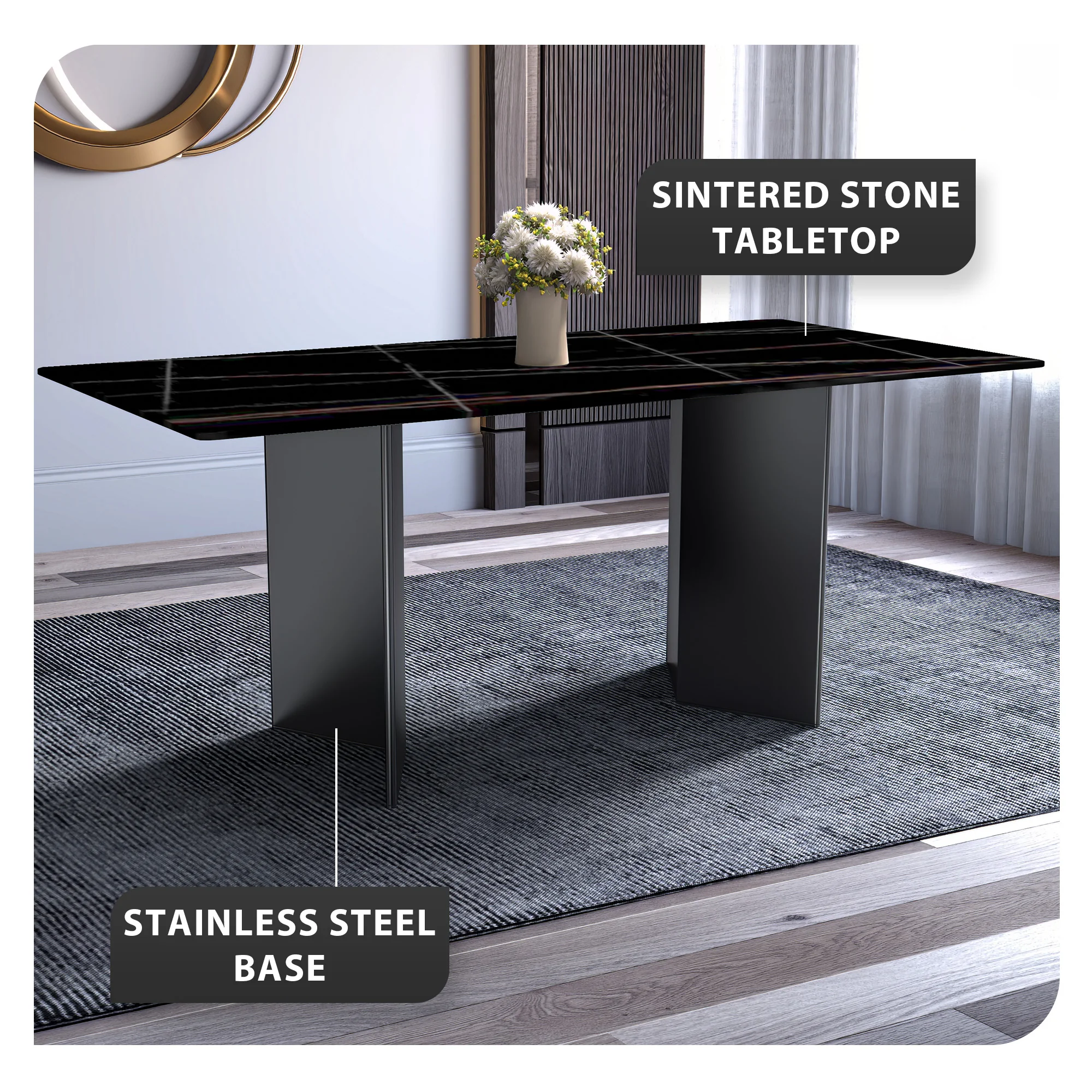 Olyra Series Modern Dining Table Black Stainless Steel Base, With 71 Black/Gold Sintered Stone Top