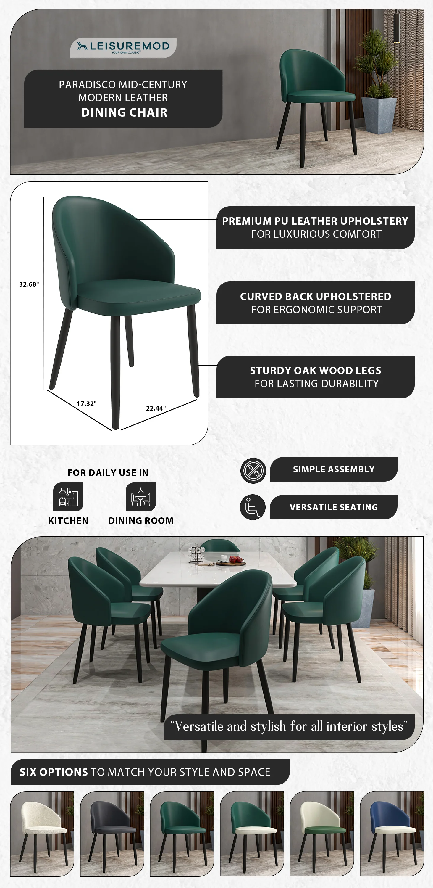 Paradiso Collection Modern Dining Seat in Green  Set of 2