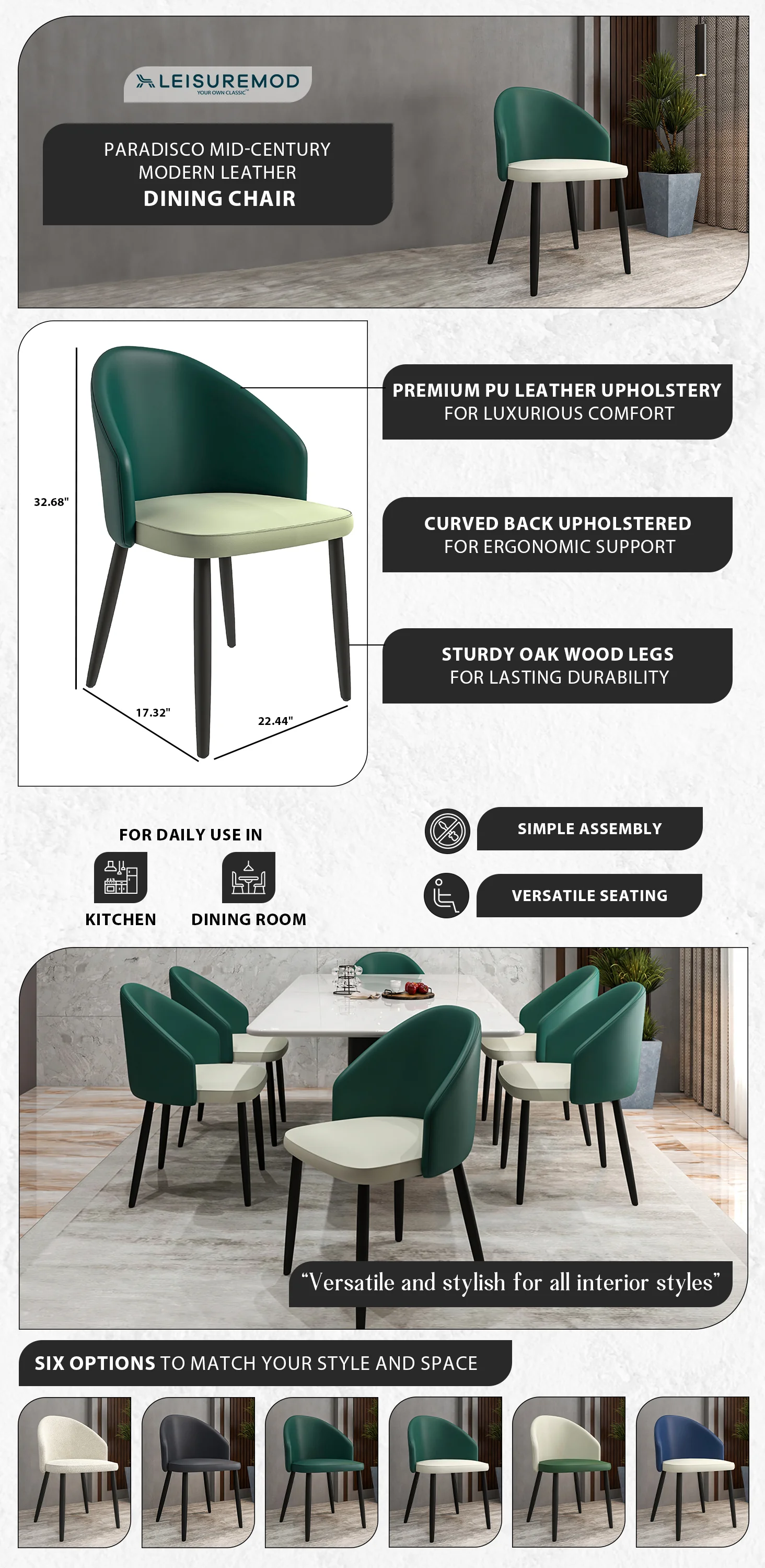 Paradiso Collection Modern Dining Seat in Green, with Light Grey Fabric Seat  Set of 2