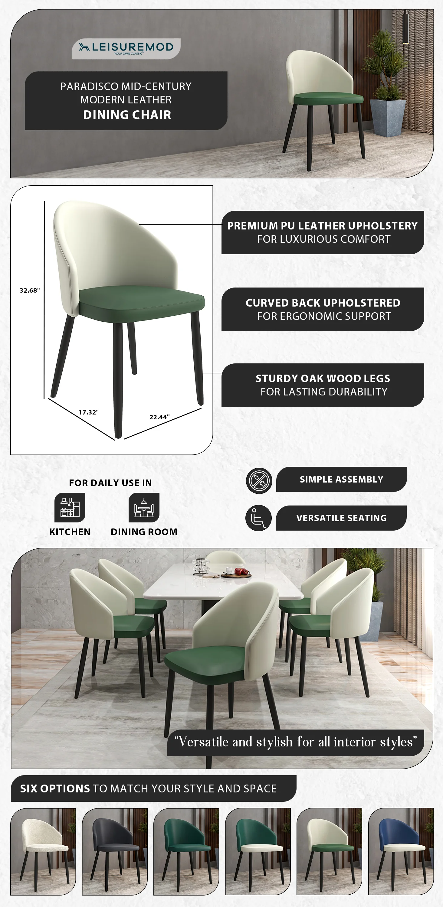 Paradiso Collection Modern Dining Seat in Toupe, with Green Fabric Seat