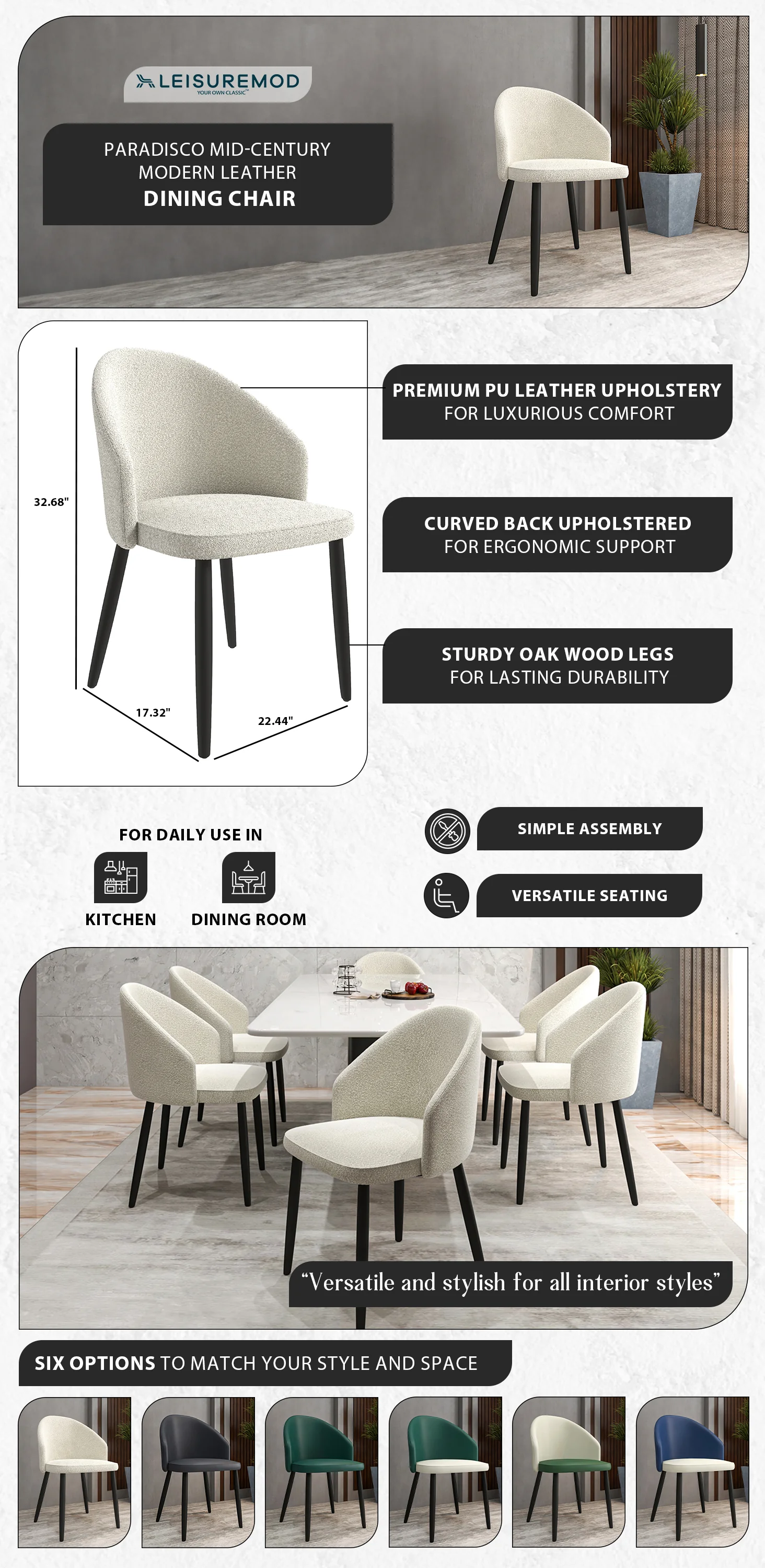 Paradiso Collection Modern Dining Seat in White Boucle  Set of 4