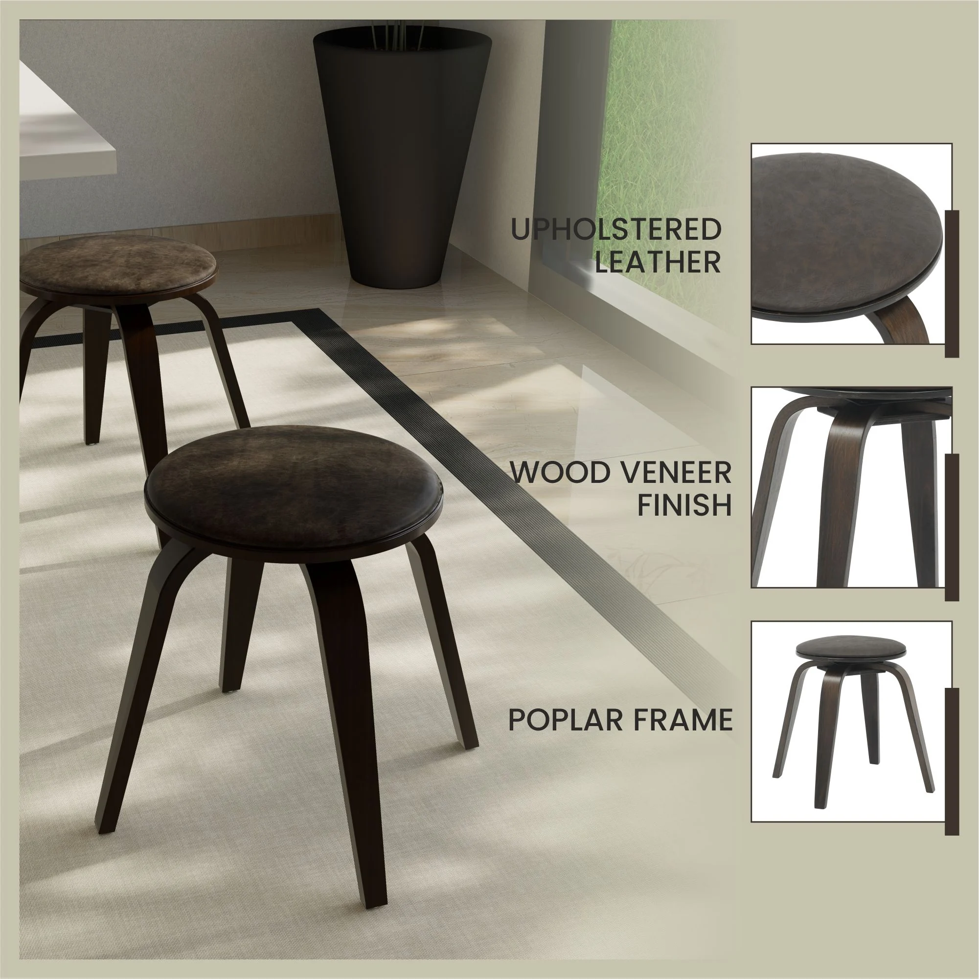 Modern Wooden Dining Stool, Dark Walnut Color in Brown, Pelya Collection By LeisureMod