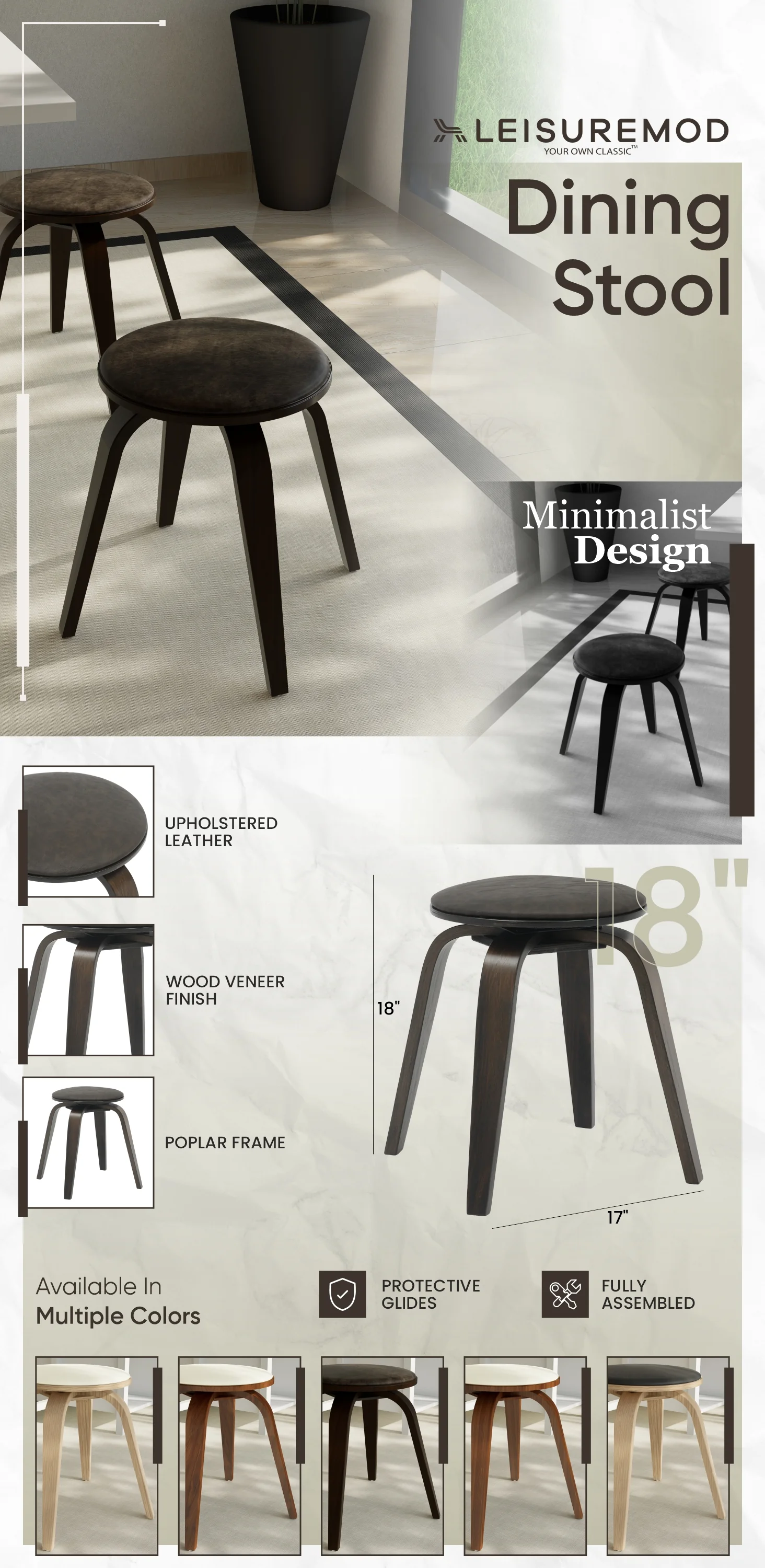 Modern Wooden Dining Stool, Dark Walnut Color in Brown, Pelya Collection By LeisureMod