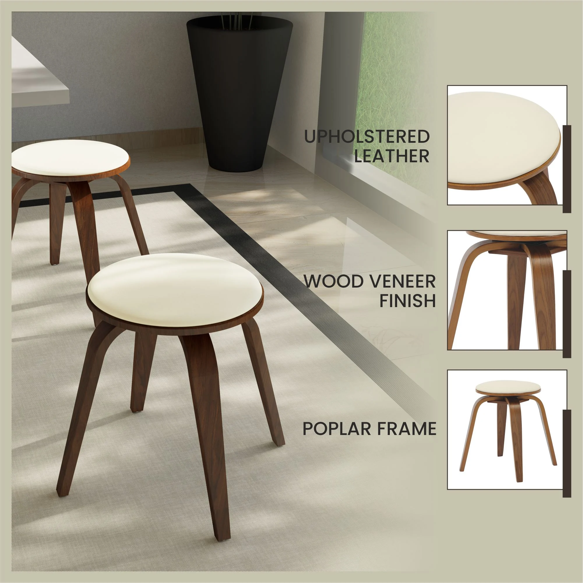 Modern Wooden Dining Stool, Walnut Color in Light Cream, Pelya Collection By LeisureMod