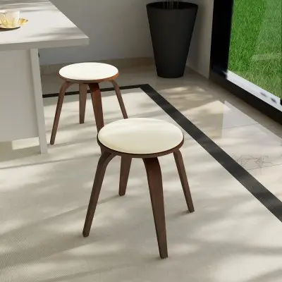 Modern Wooden Dining Stool, Walnut Color in Light Cream, Pelya Collection By LeisureMod