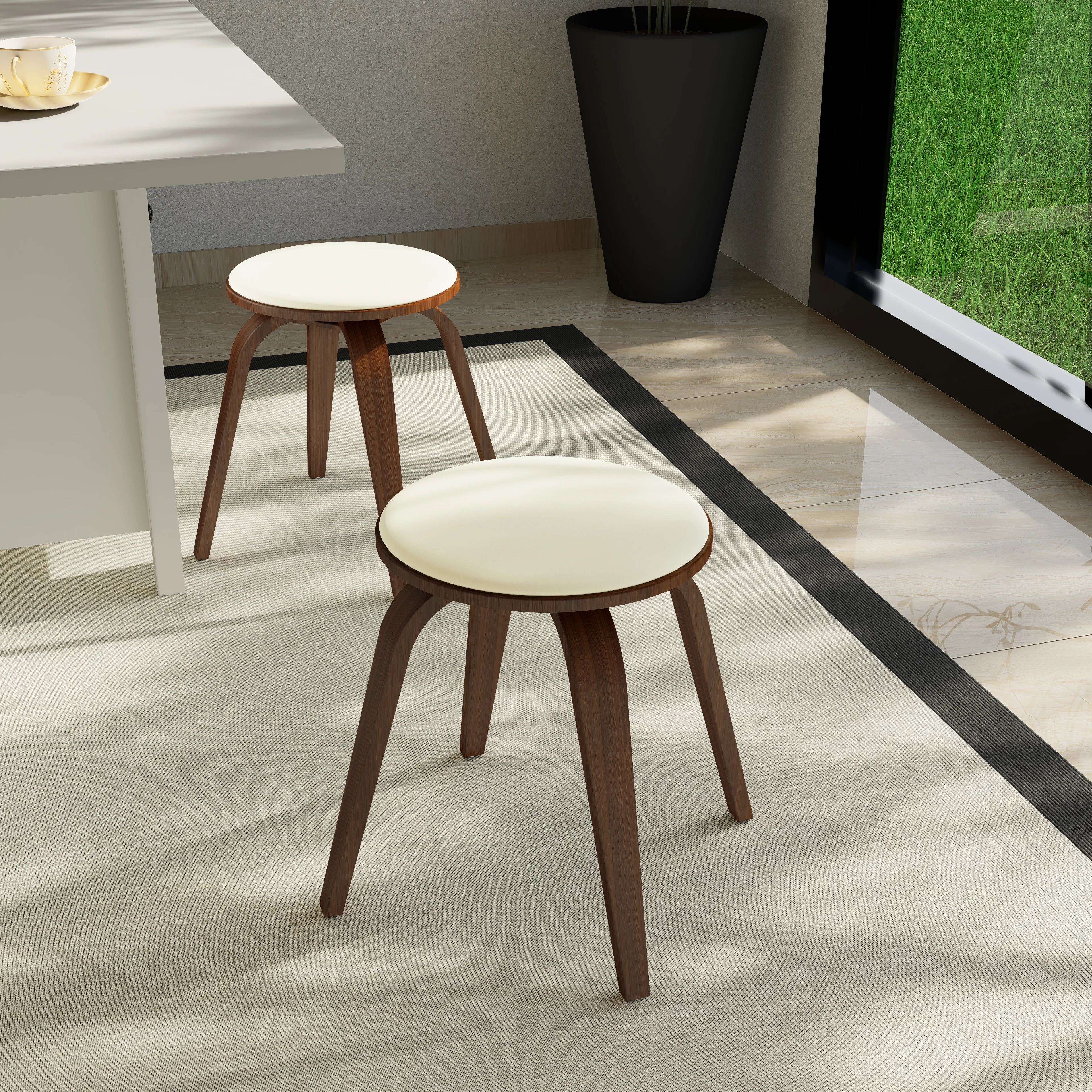 Modern Wooden Dining Stool, Walnut Color in Light Taupe, Pelya Collection By LeisureMod