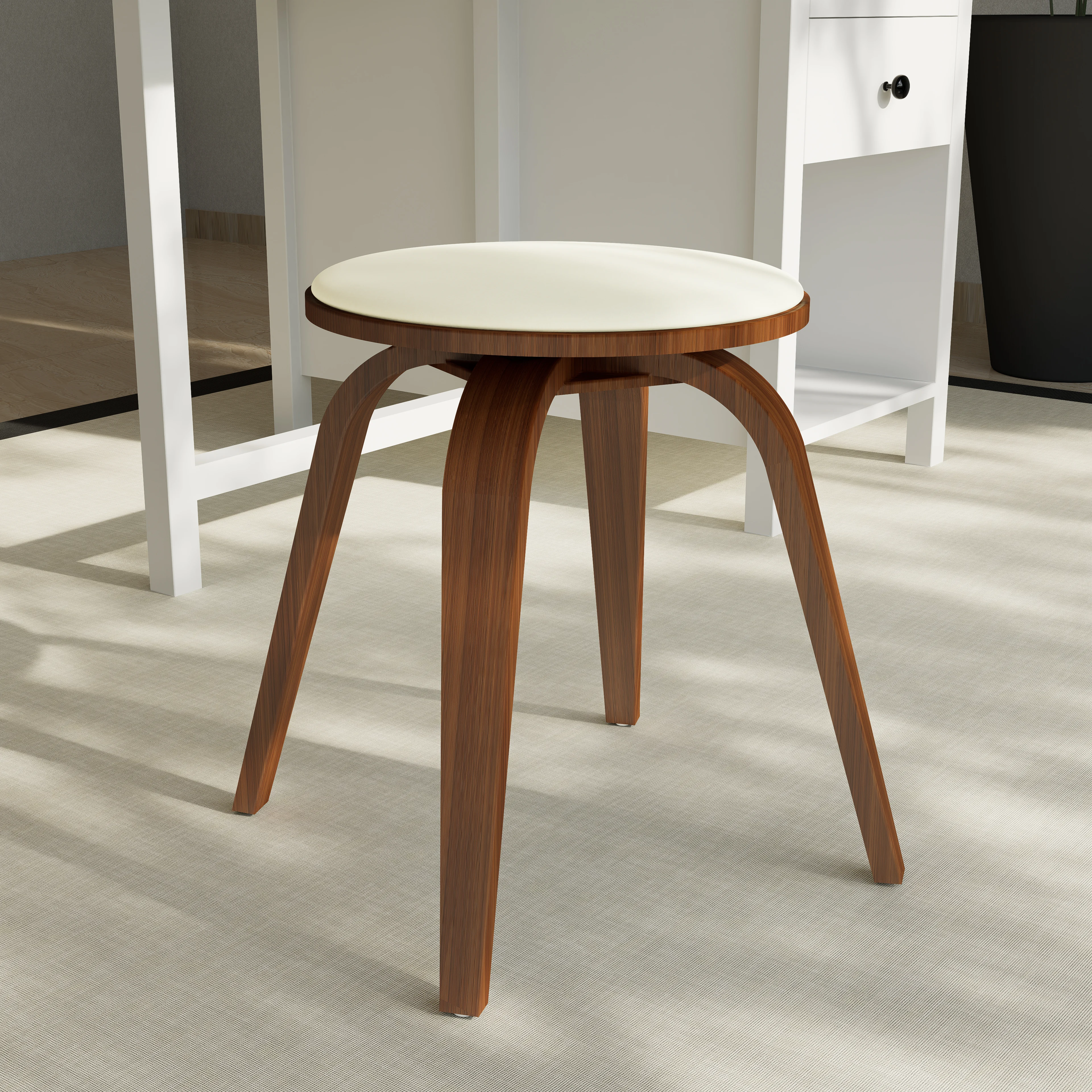 Modern Wooden Dining Stool, Walnut Color in Light Taupe, Pelya Collection By LeisureMod