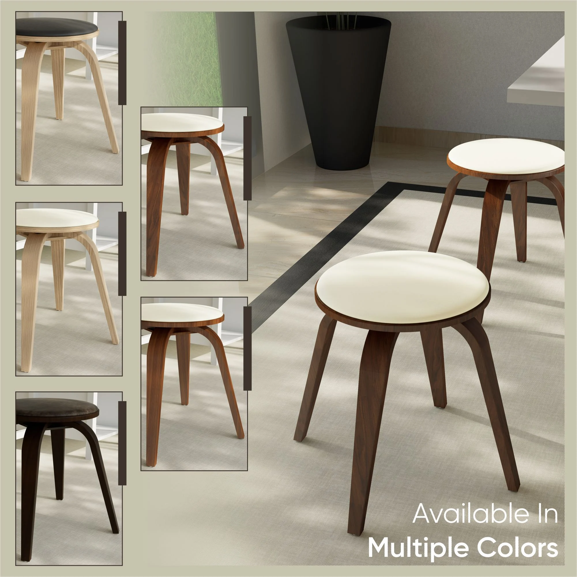 Modern Wooden Dining Stool, Walnut Color in Light Taupe, Pelya Collection By LeisureMod