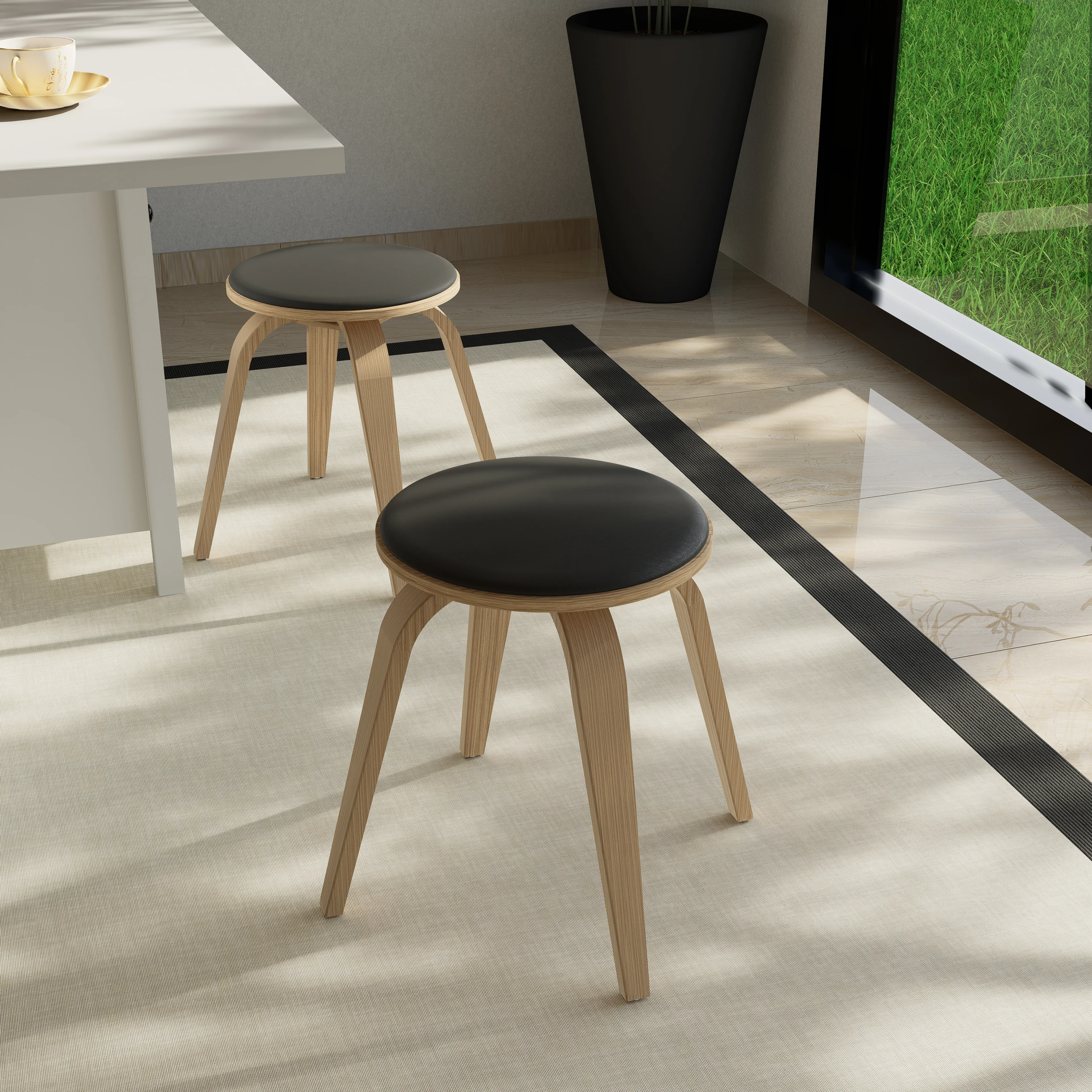 Modern Wooden Dining Stool, Washed Walnut Color in Black, Pelya Collection By LeisureMod