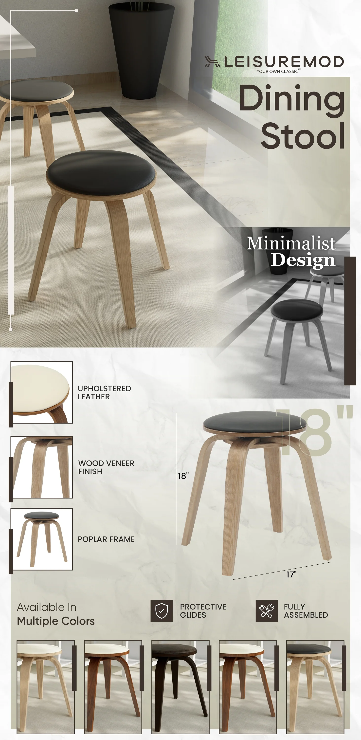 Modern Wooden Dining Stool, Washed Walnut Color in Black, Pelya Collection By LeisureMod
