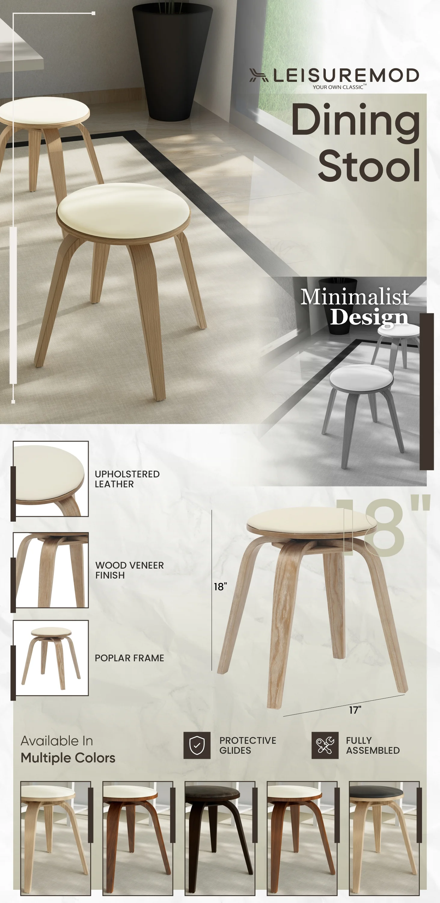 Modern Wooden Dining Stool, Washed Walnut Color in Taupe, Pelya Collection By LeisureMod