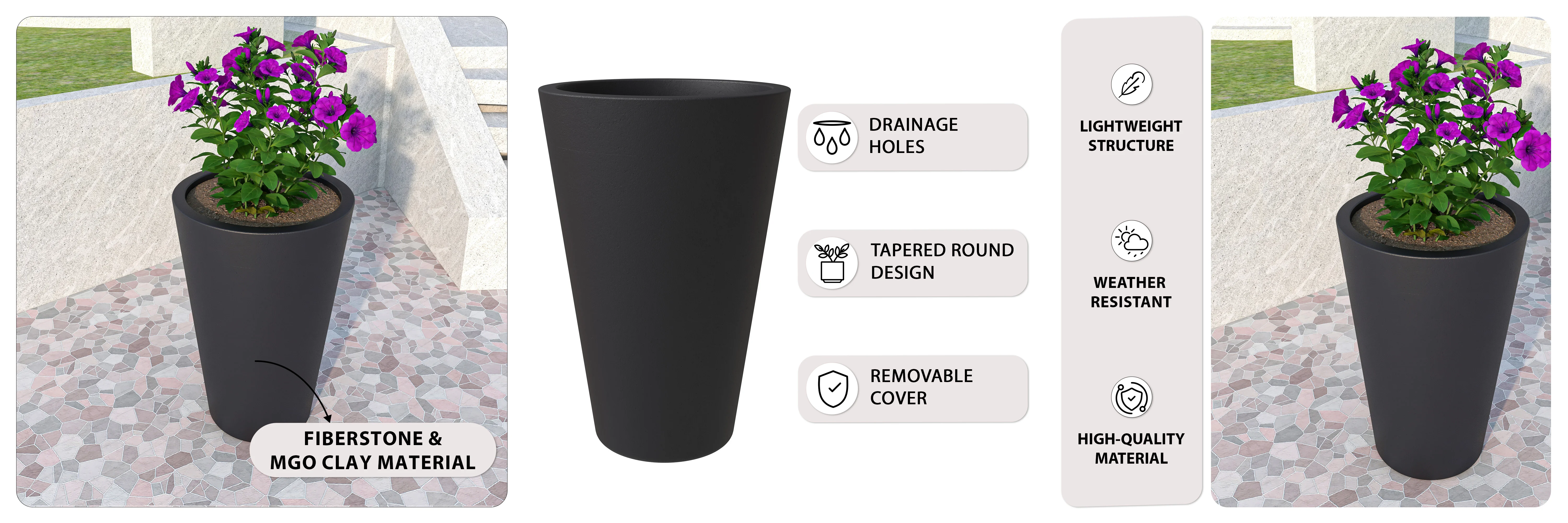 Pebble Series Poly Stone Planter 15.7." Dia 23.6" High in Black