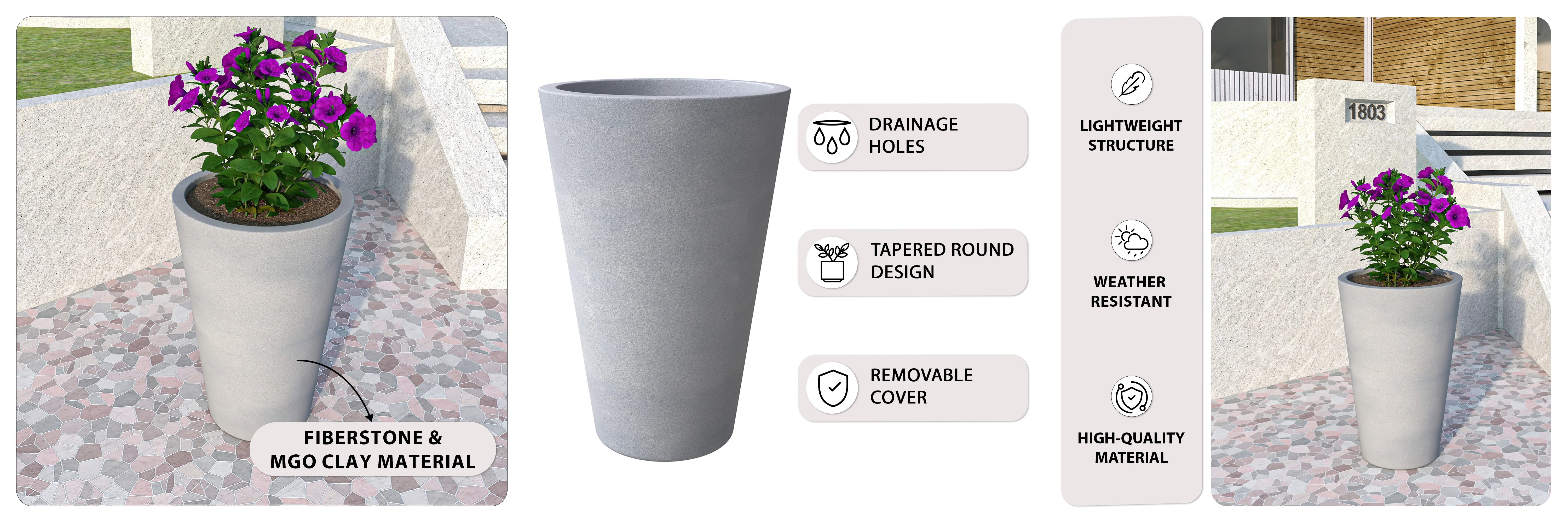 Pebble Series Poly Stone Planter 15.7." Dia 23.6" High in Grey