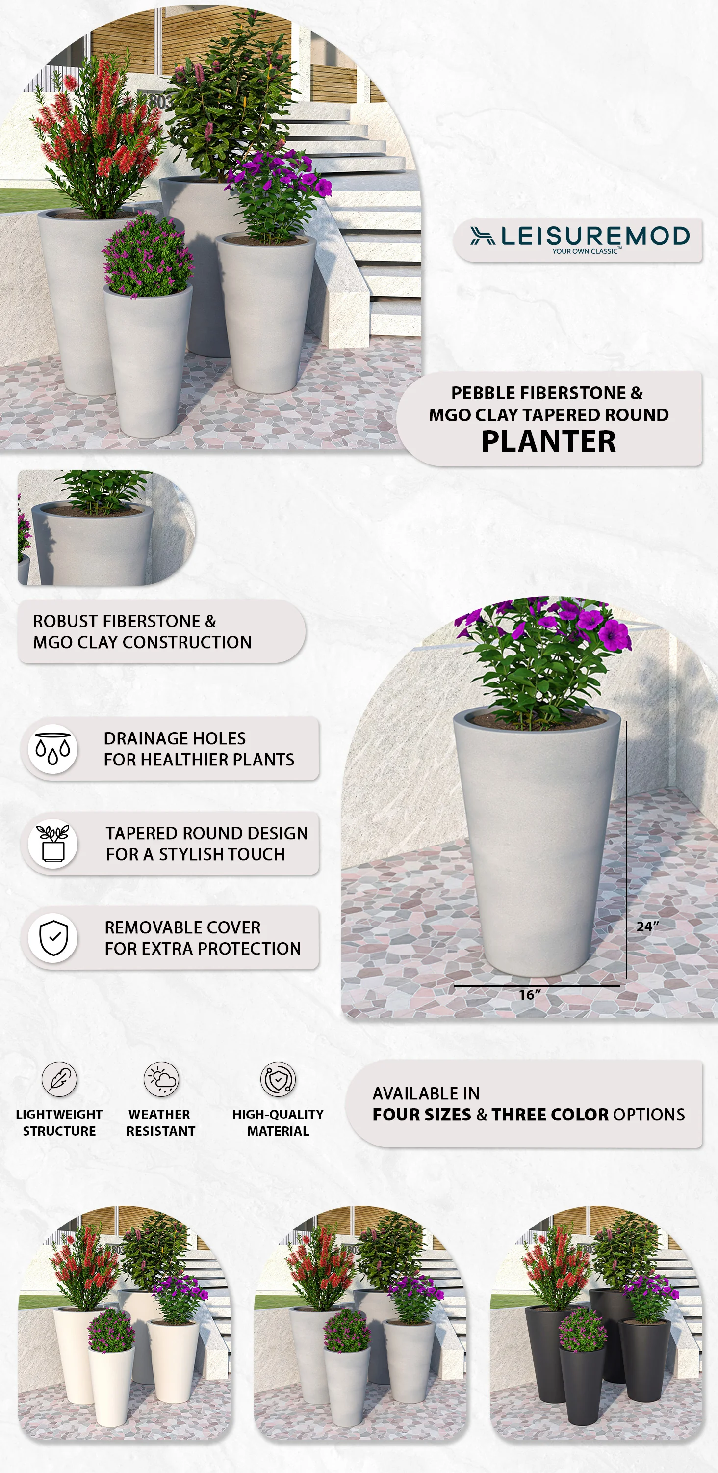 Pebble Series Poly Stone Planter 15.7." Dia 23.6" High in Grey