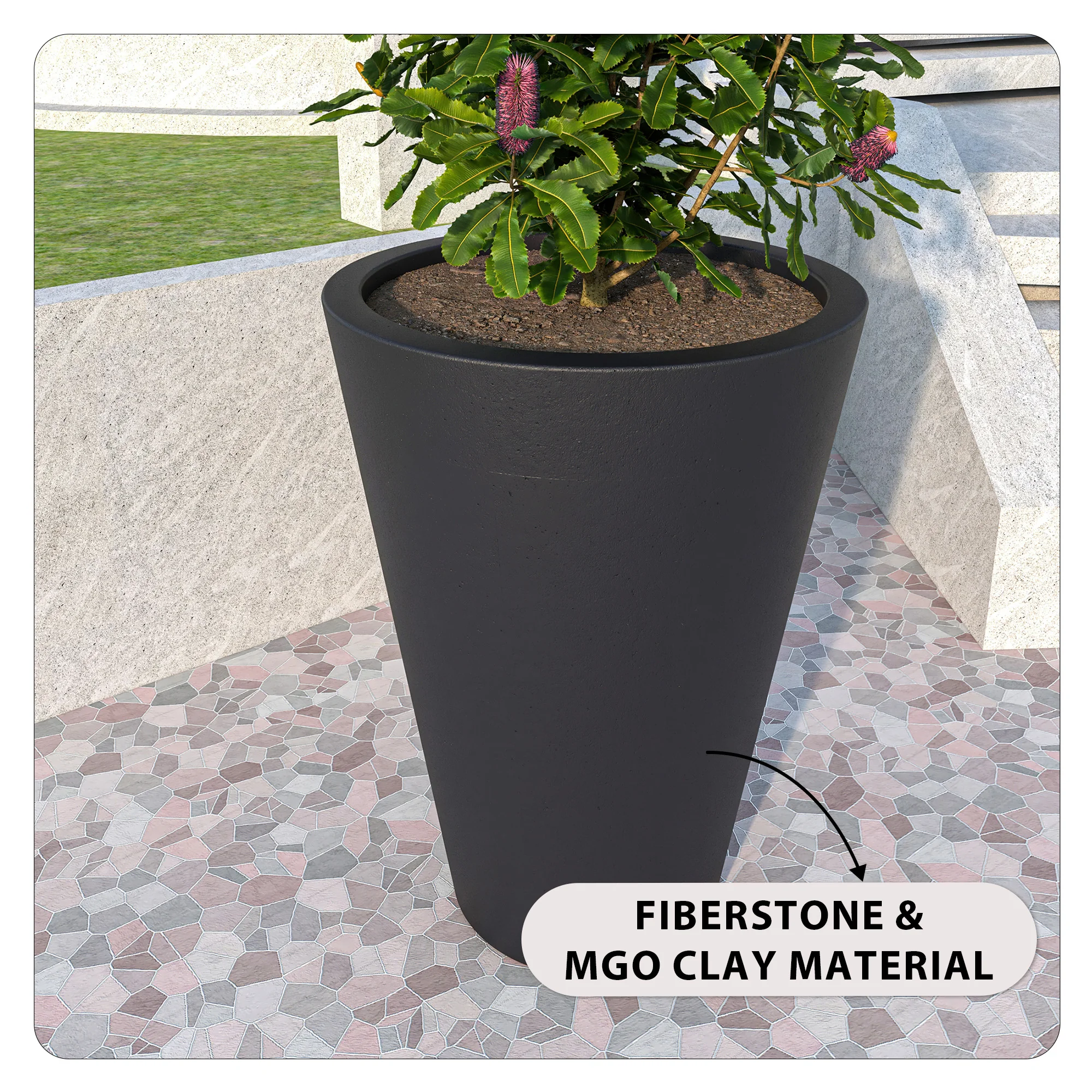 Pebble Series Poly Stone Planter 23.6." Dia 31.5" High in Black