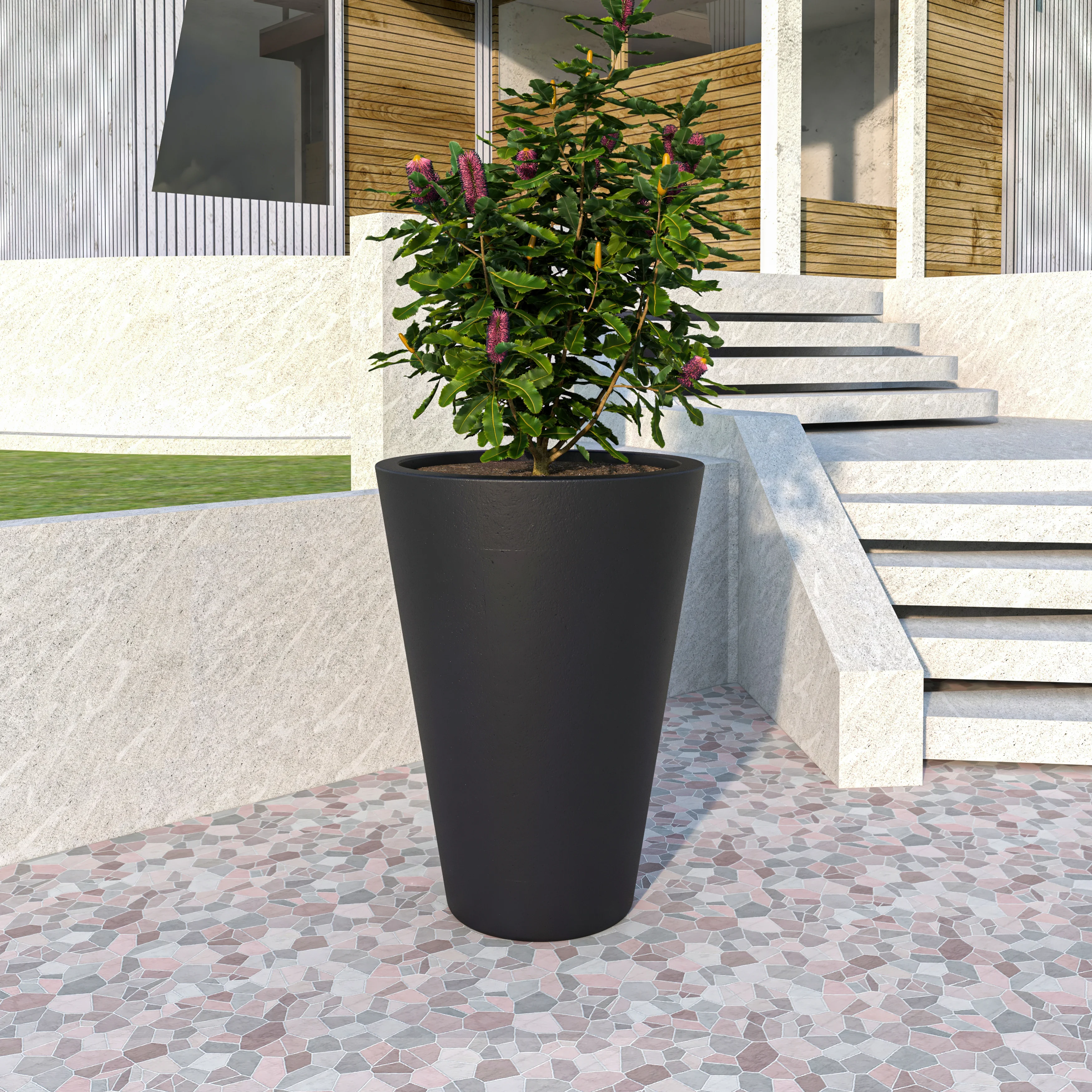 Pebble Series Poly Stone Planter 23.6." Dia 31.5" High in Black