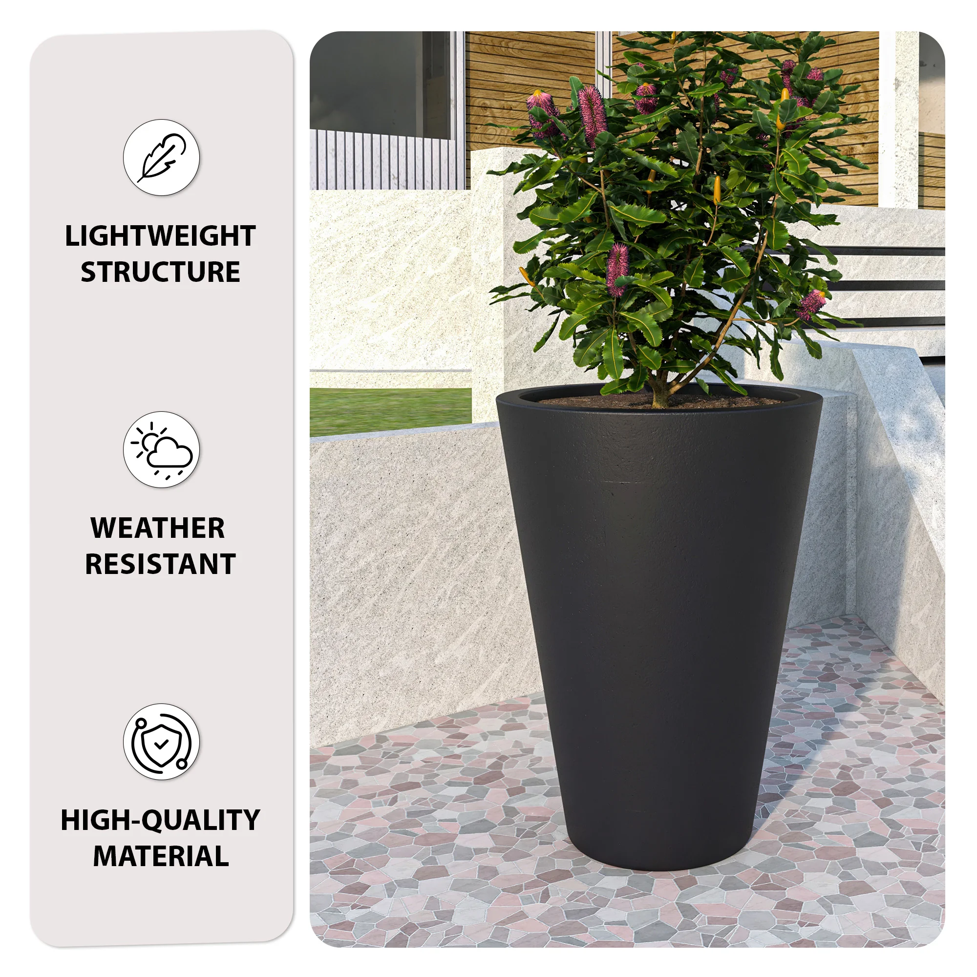 Pebble Series Poly Stone Planter 23.6." Dia 31.5" High in Black