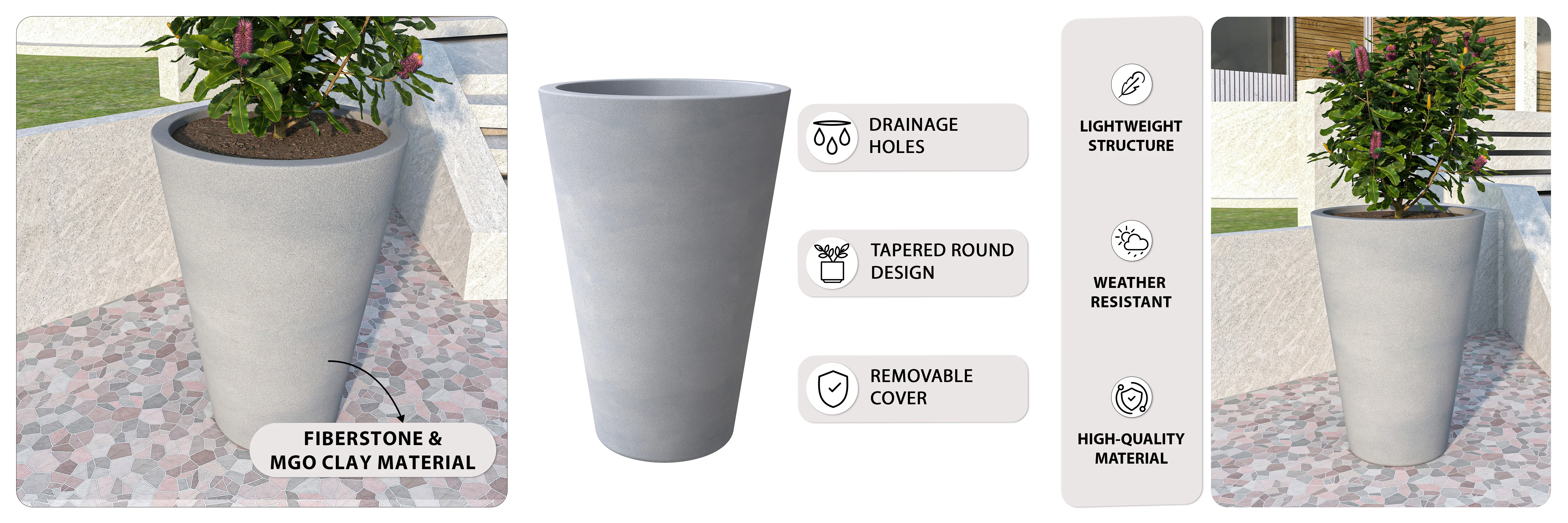 Pebble Series Poly Stone Planter 23.6." Dia 31.5" High in Grey