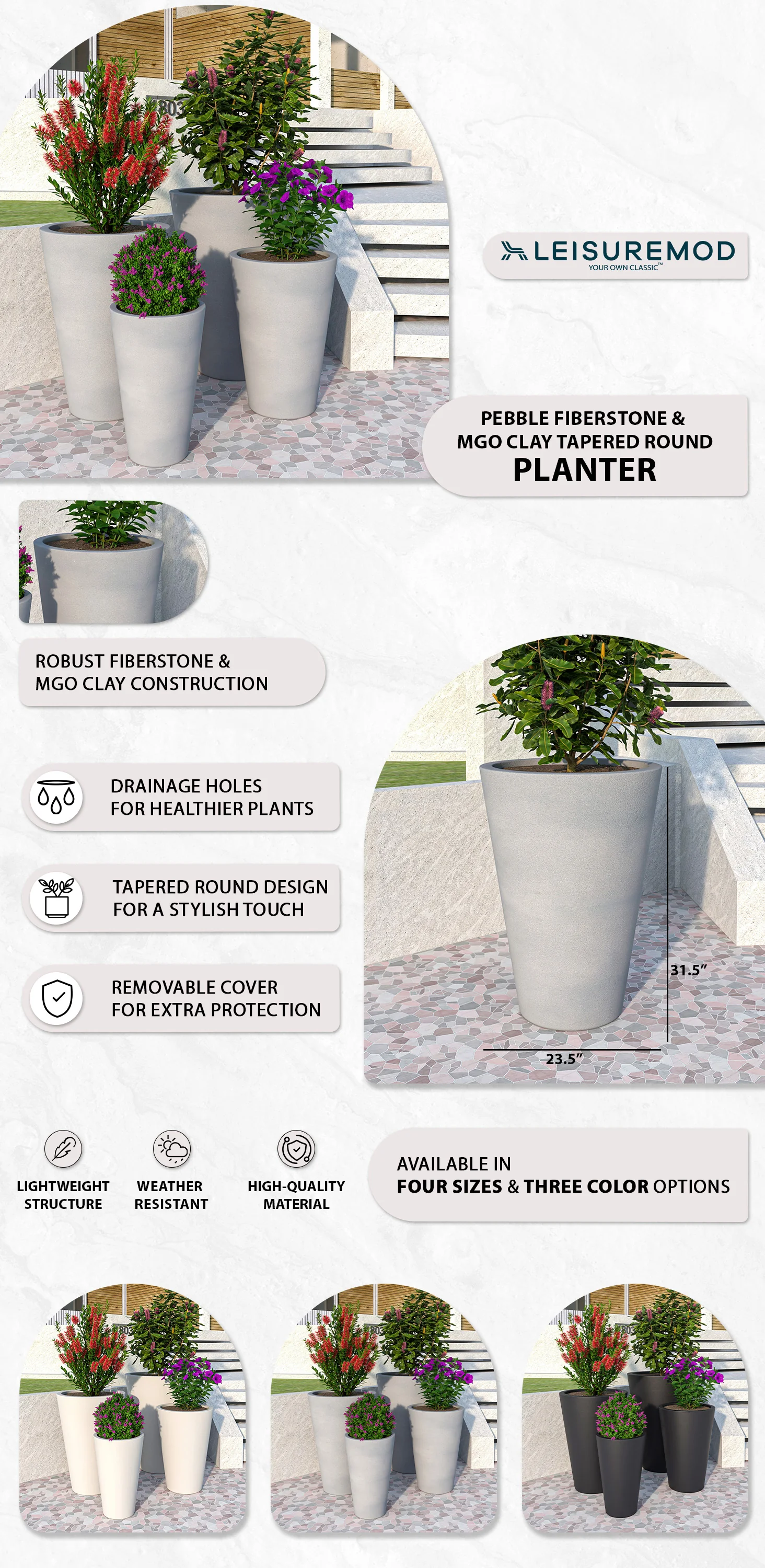 Pebble Series Poly Stone Planter 23.6." Dia 31.5" High in Grey