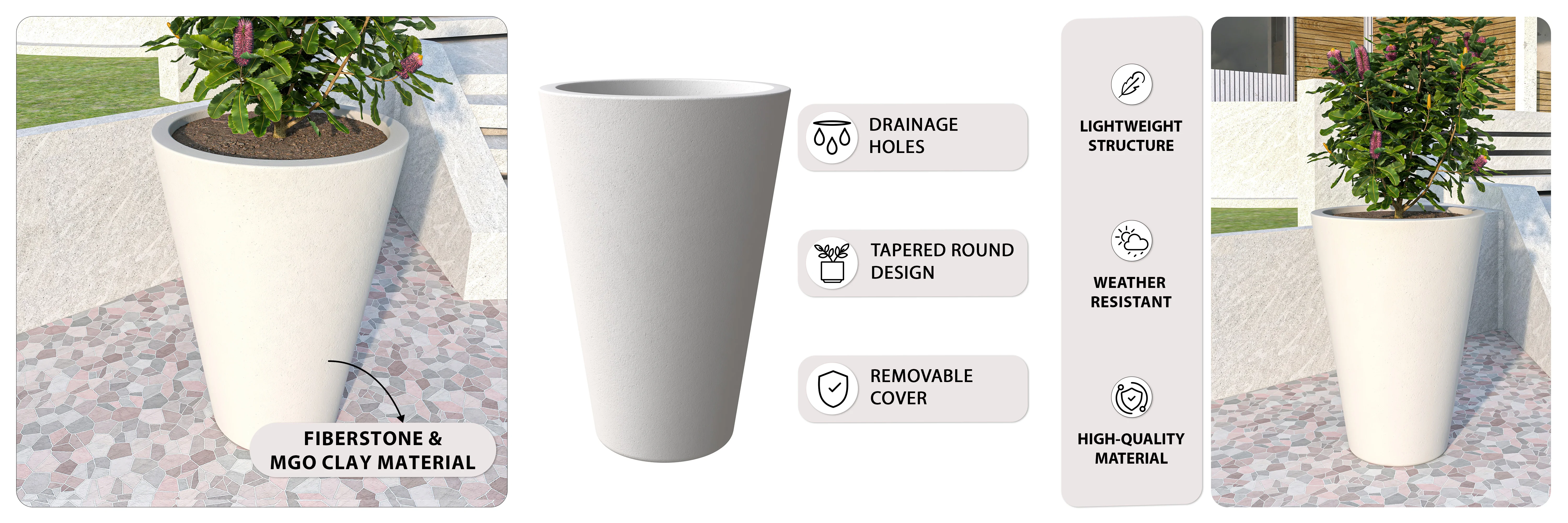 Pebble Series Poly Stone Planter 23.6." Dia 31.5" High in White