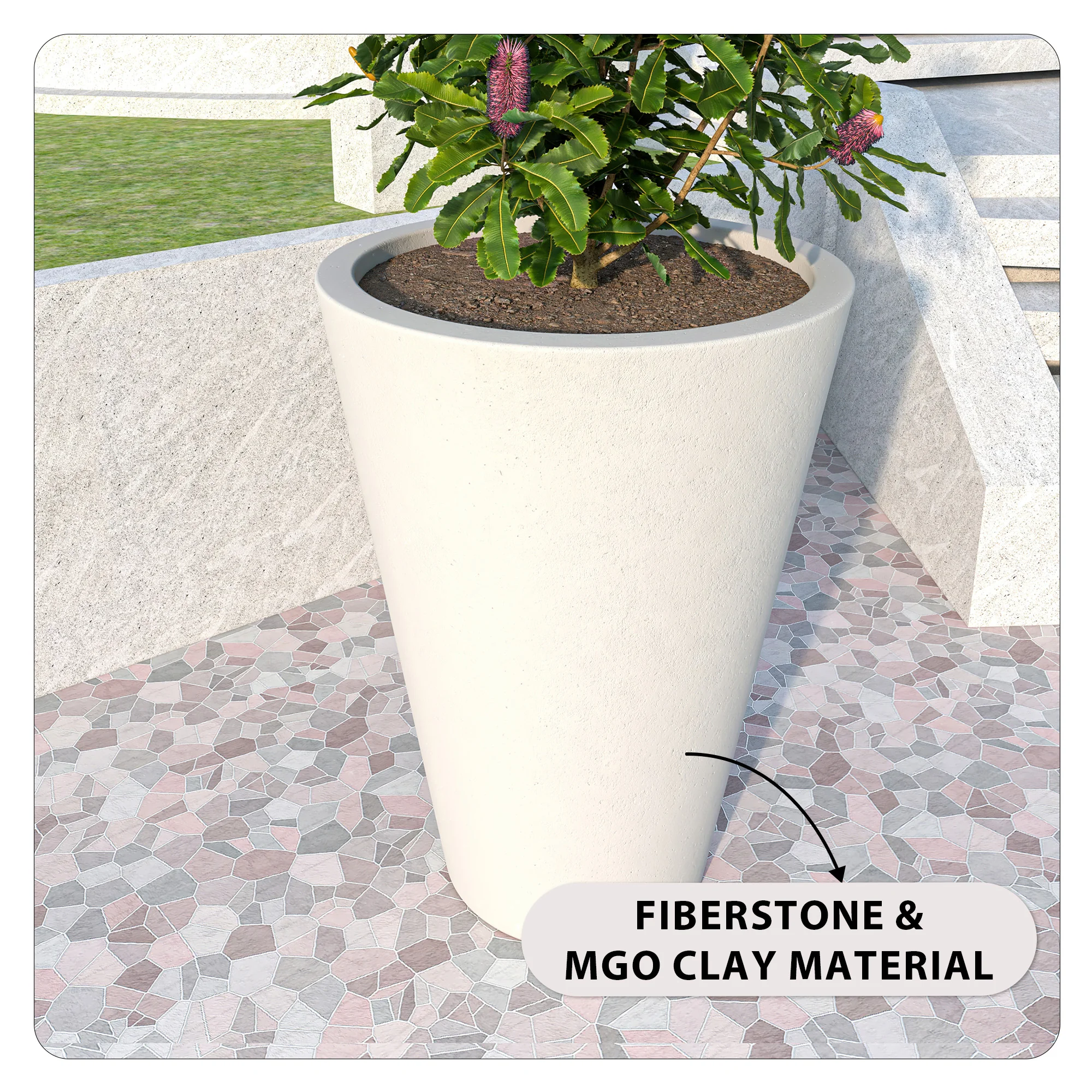 Pebble Series Poly Stone Planter 23.6." Dia 31.5" High in White