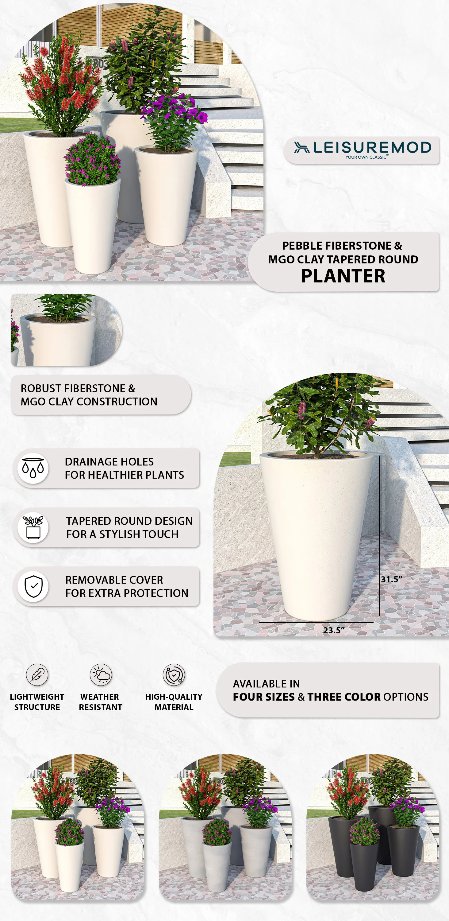 Pebble Series Poly Stone Planter 23.6." Dia 31.5" High in White