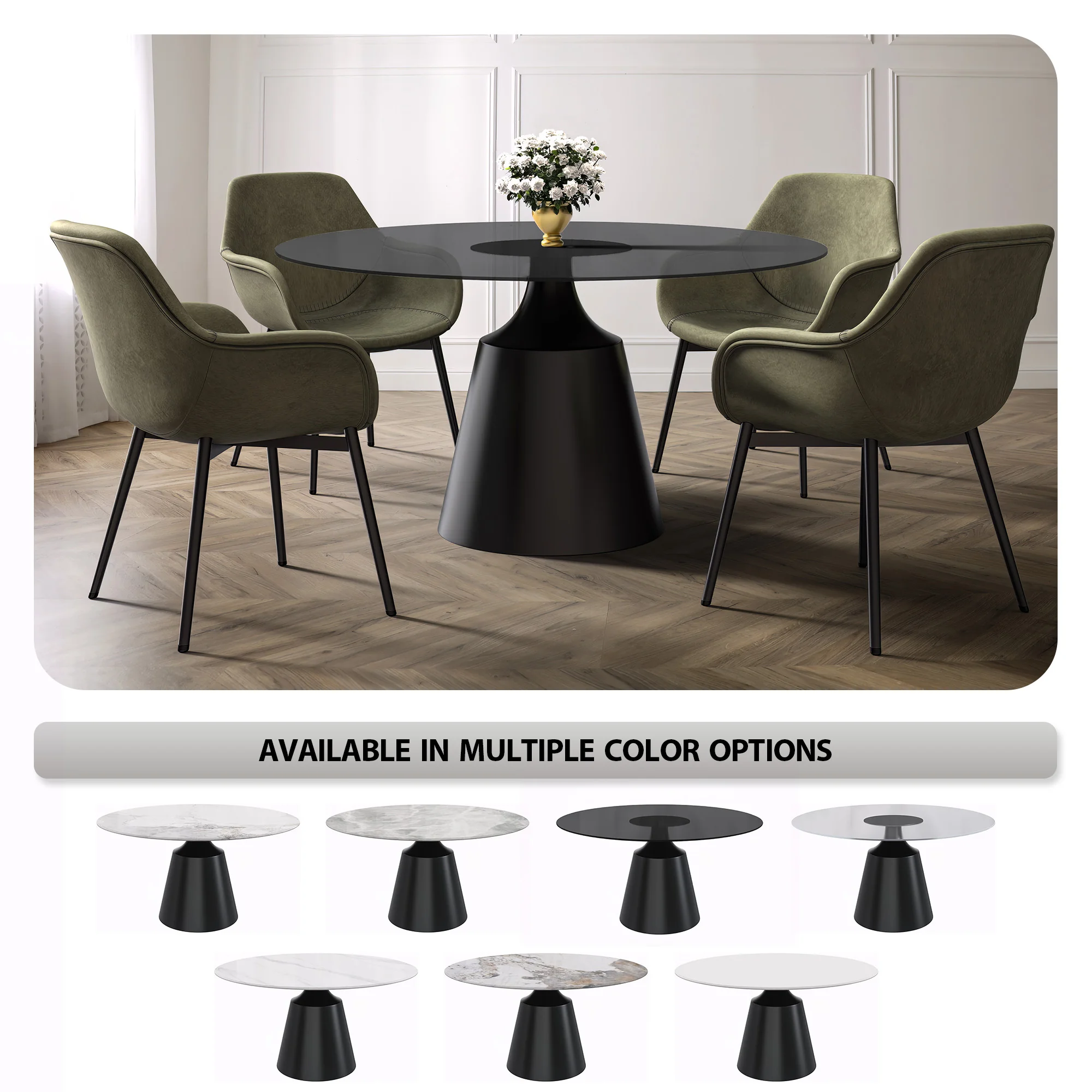 Prynn Series Round Dining Table Black Base with 60 Round Black Glass Top
