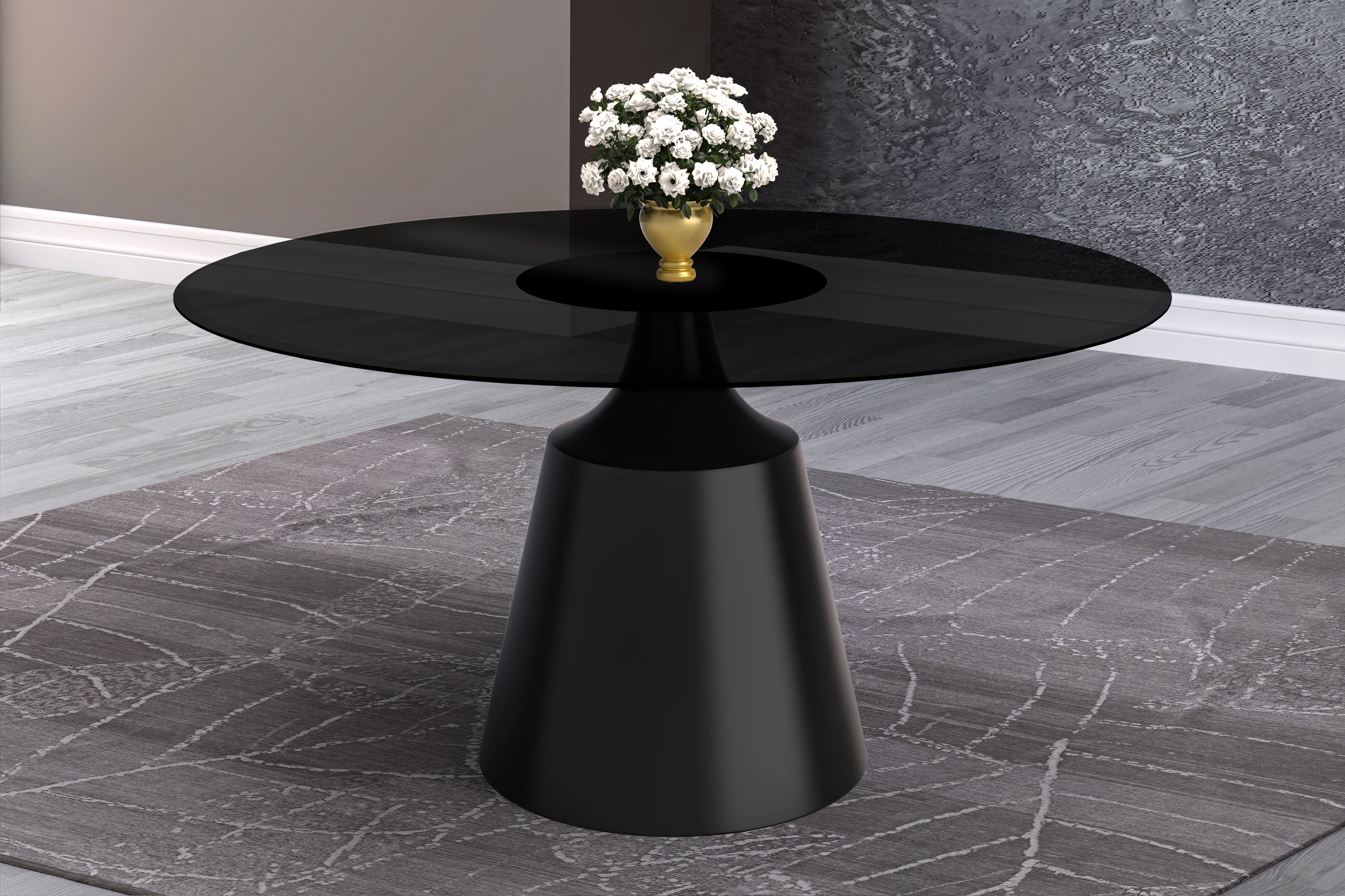 Prynn Series Round Dining Table Black Base with 60 Round Black Glass Top