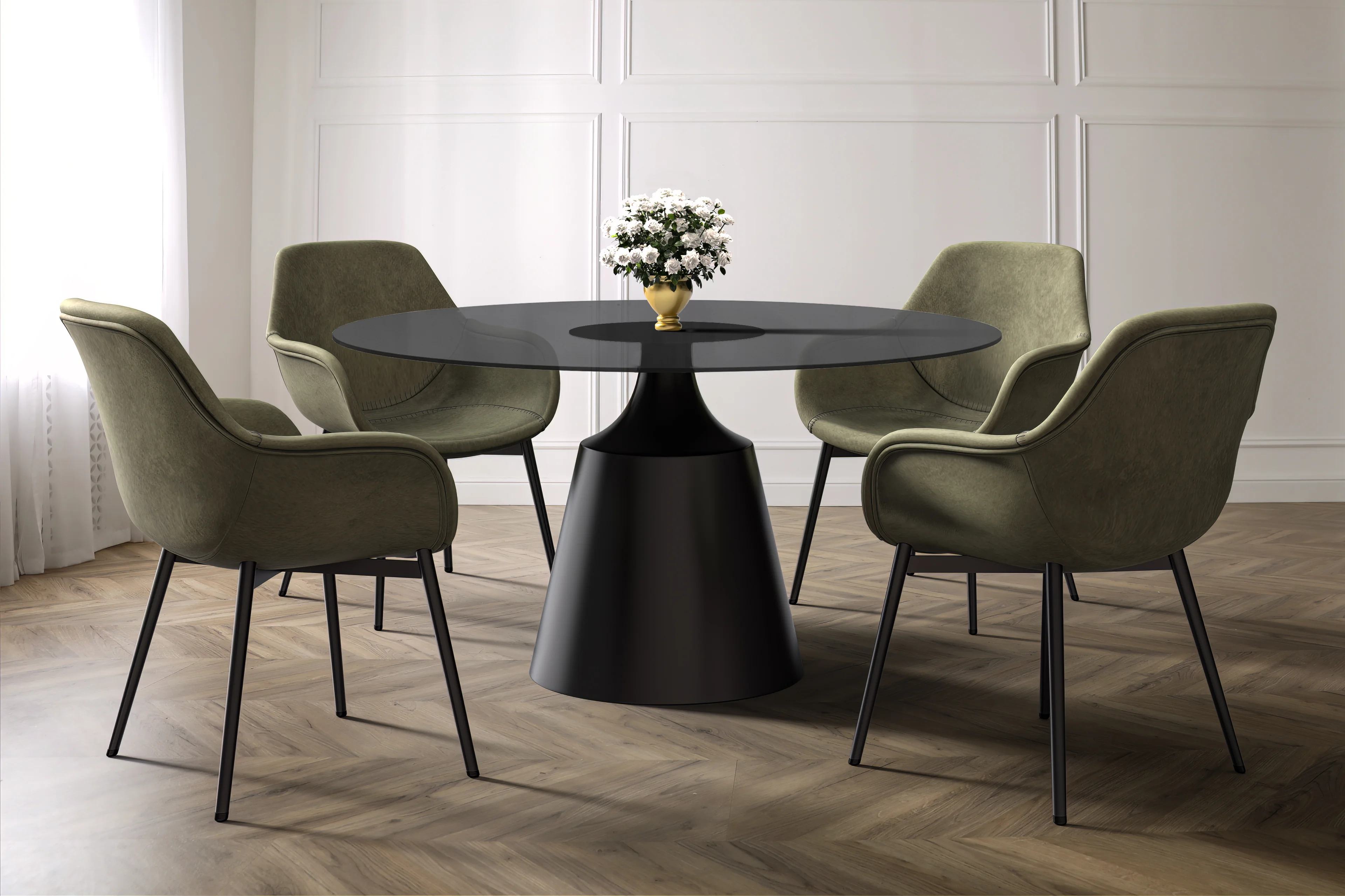 Prynn Series Round Dining Table Black Base with 60 Round Black Glass Top