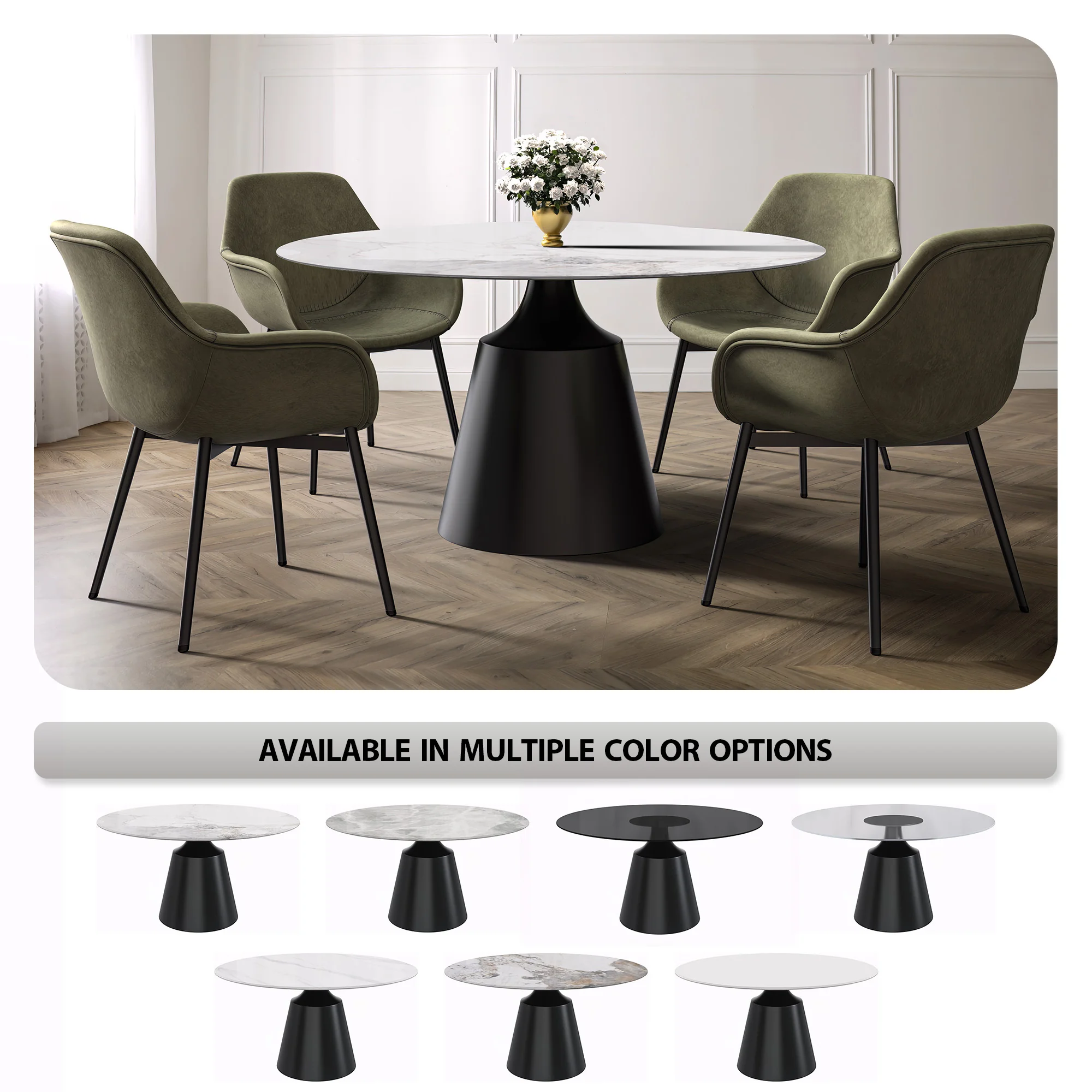 Prynn Series Round Dining Table Black Base with 60 Round White Grey Sintered Stone Top