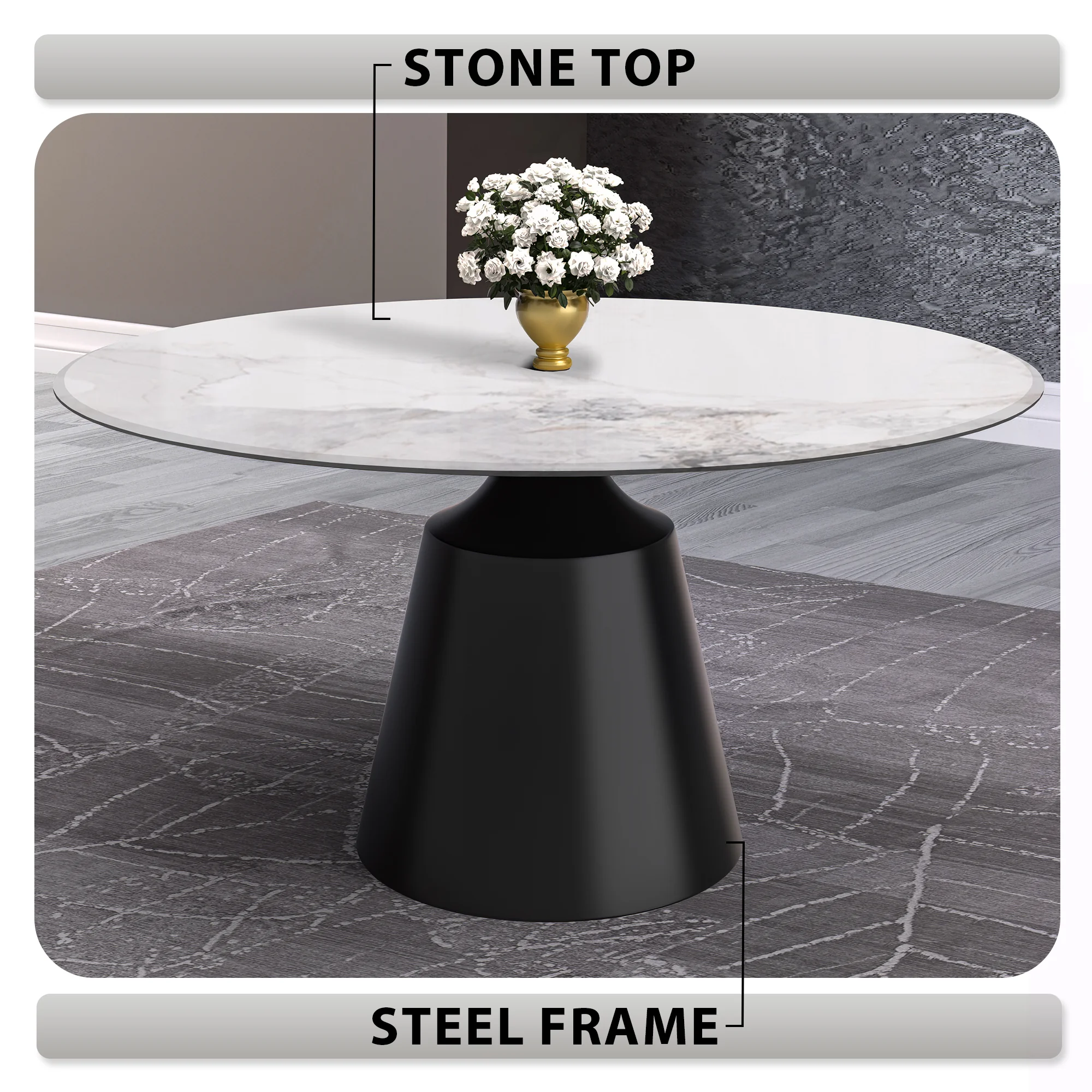 Prynn Series Round Dining Table Black Base with 60 Round White Grey Sintered Stone Top