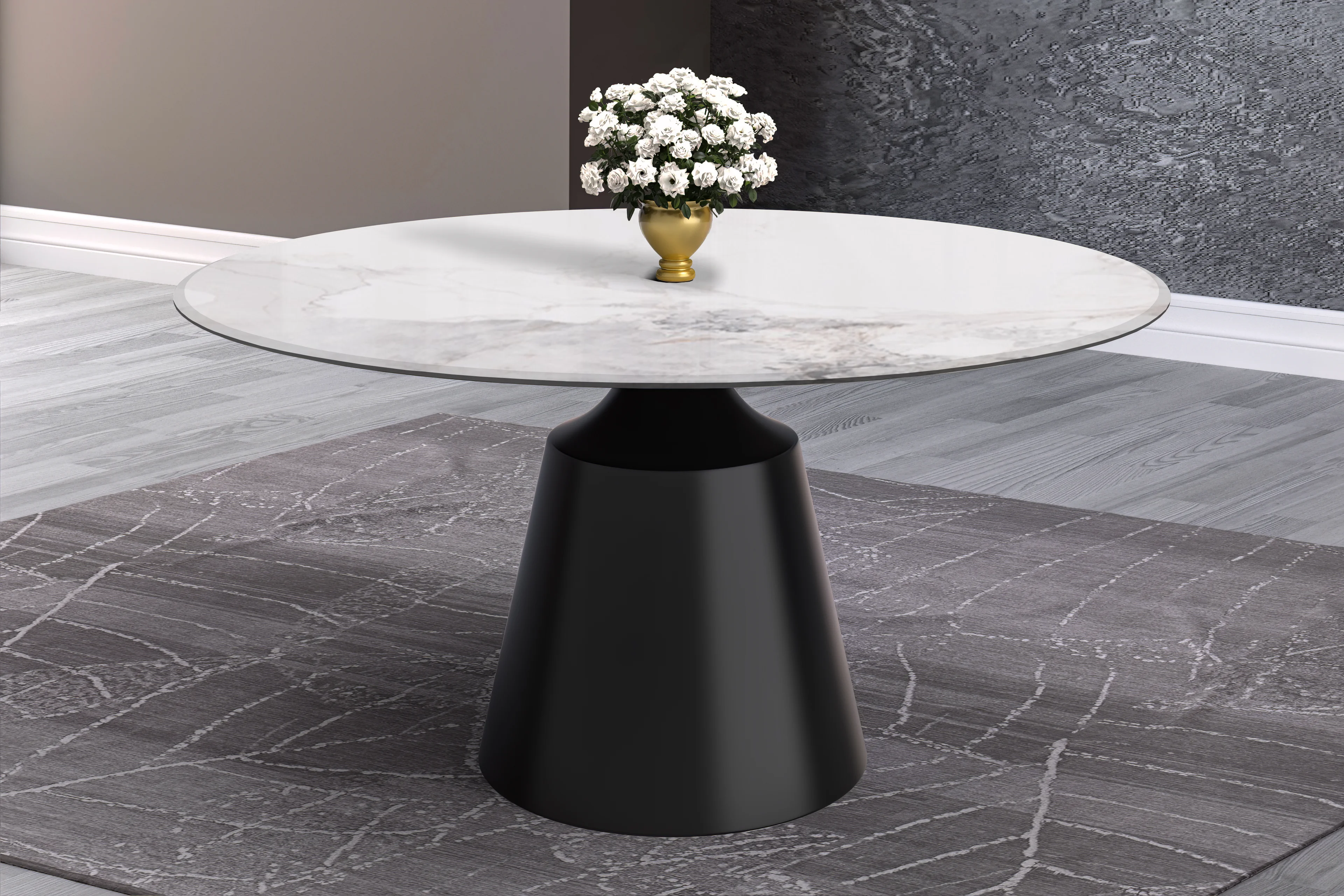 Prynn Series Round Dining Table Black Base with 60 Round White Grey Sintered Stone Top