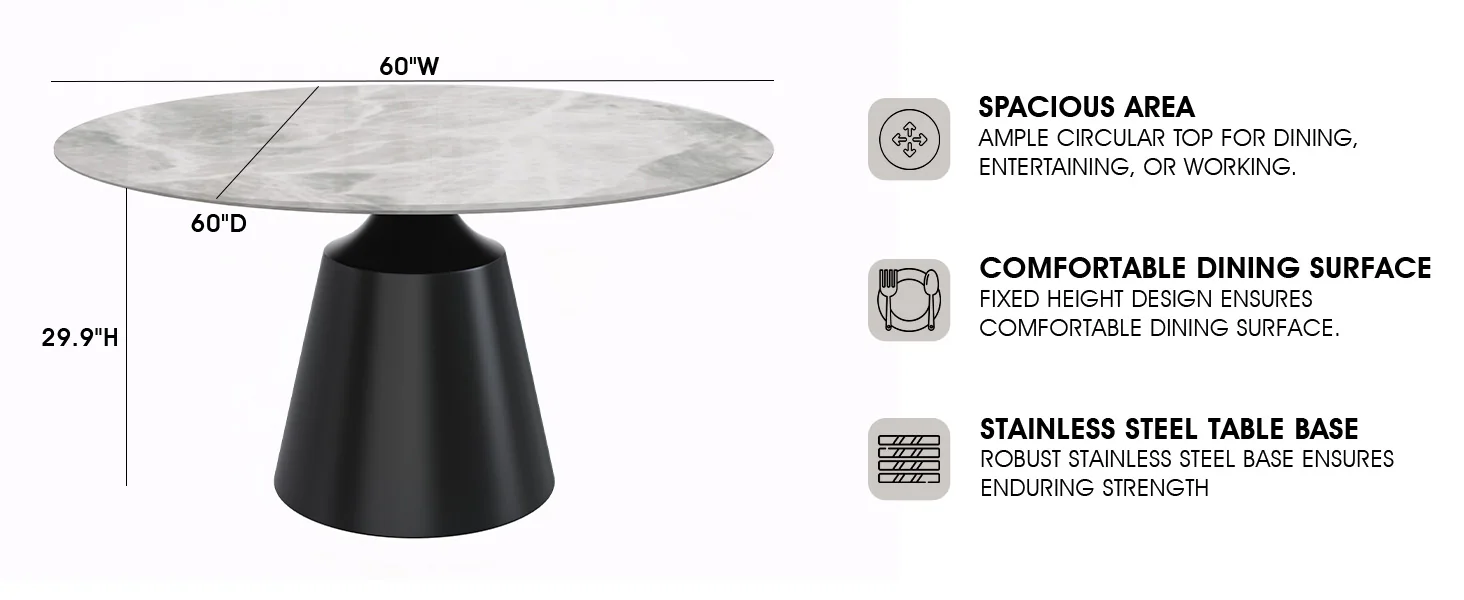 Prynn Series Round Dining Table Black Base with 60 Round Light Grey Sintered Stone Top