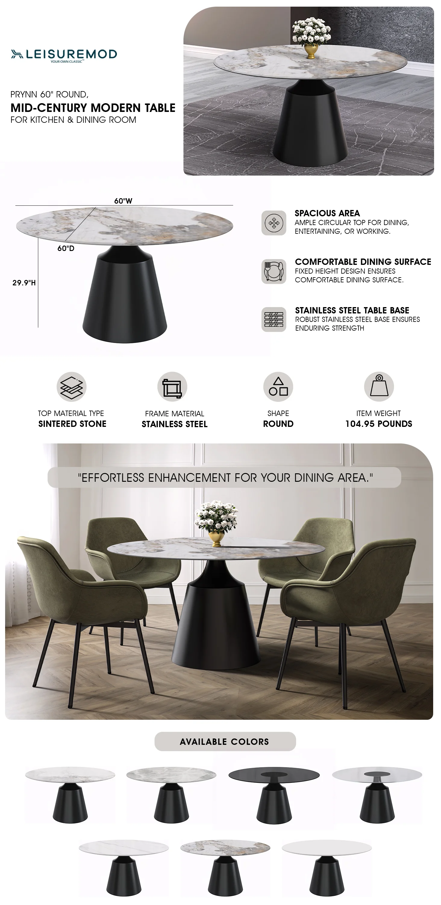 Prynn Series Round Dining Table Black Base with 60 Round Medium Grey Sintered Stone Top